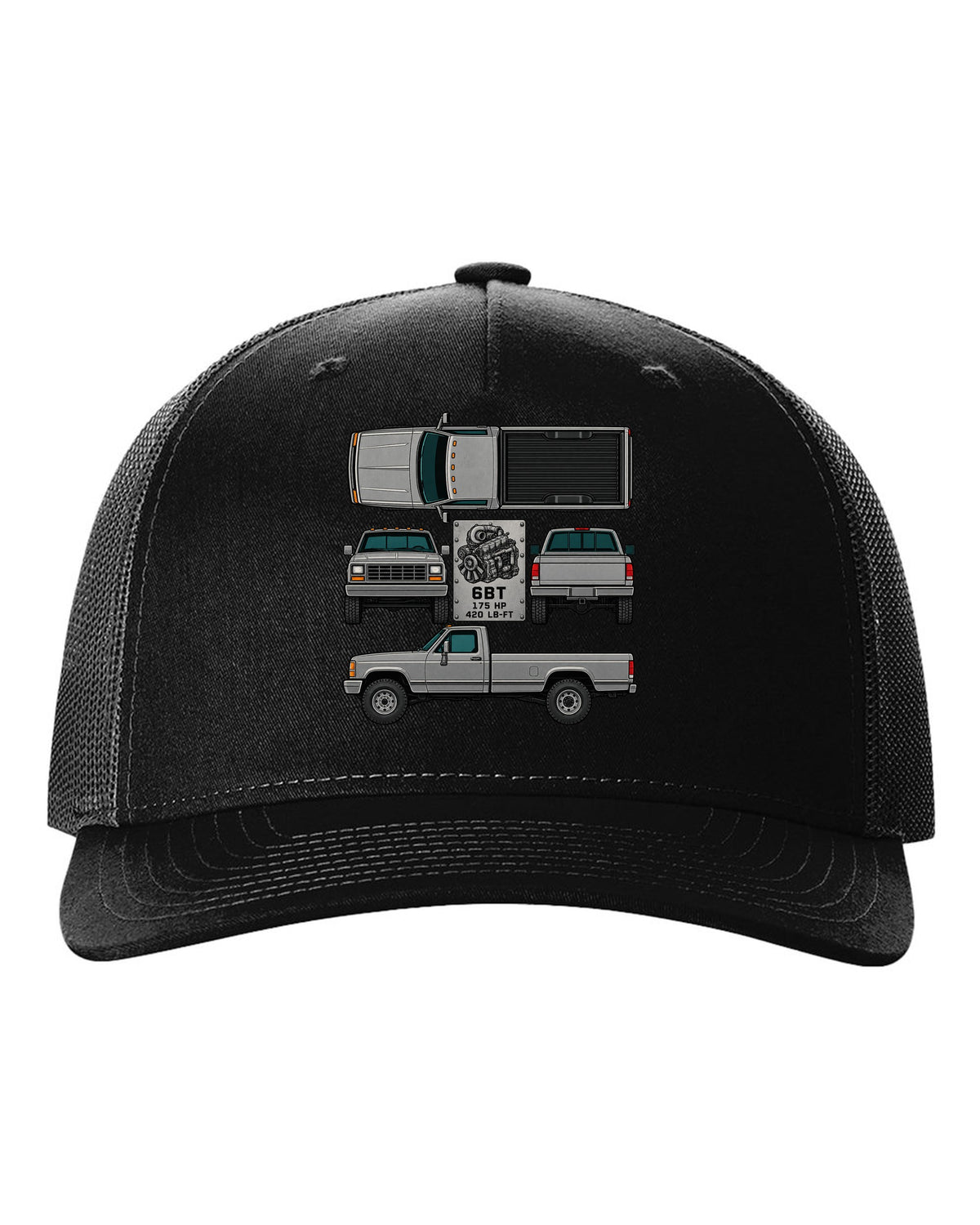 Spec-sheet data plate print of a Dodge Ram D250 6BT Cummins with horsepower and torque black hat front view with the design