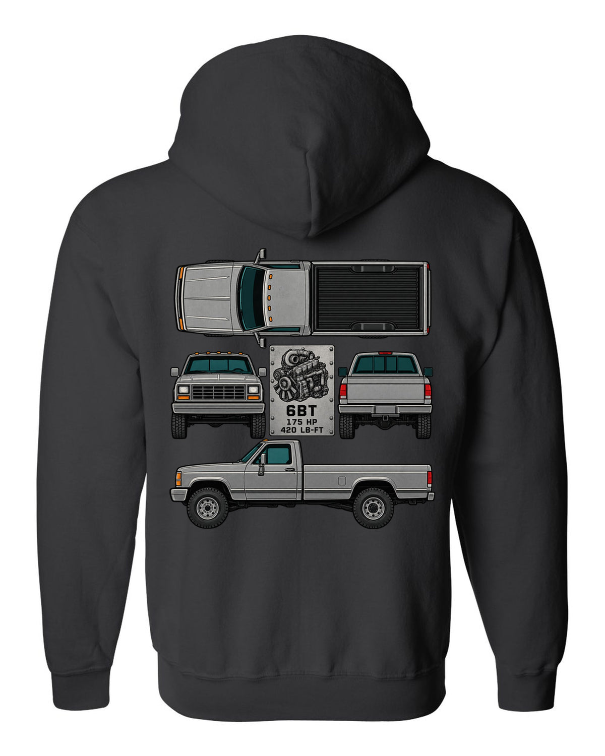 Spec-sheet data plate print of a Dodge Ram D250 6BT Cummins with horsepower and torque black zip hoodie back view with the design