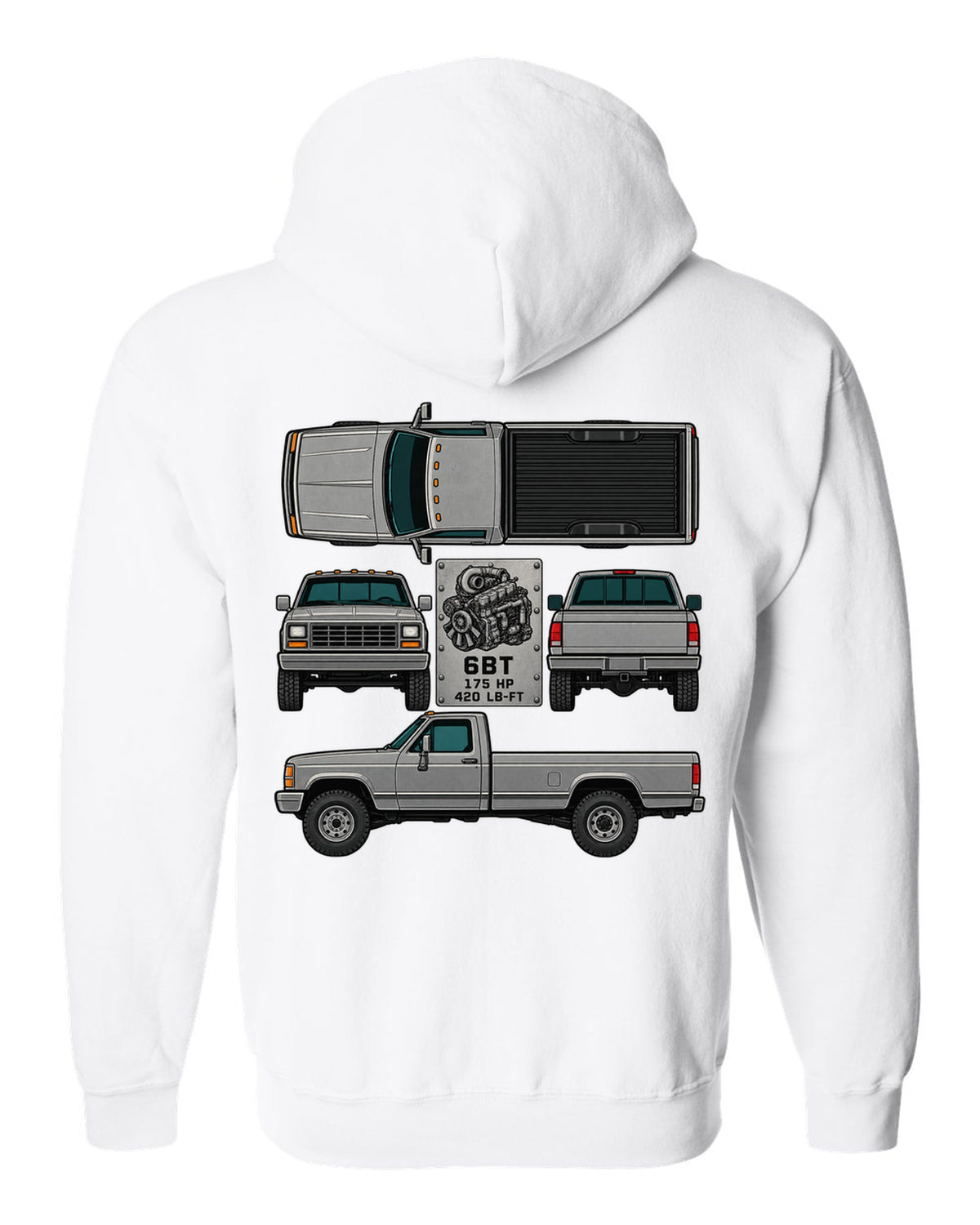 Spec-sheet data plate print of a Dodge Ram D250 6BT Cummins with horsepower and torque white zip hoodie back view with the design
