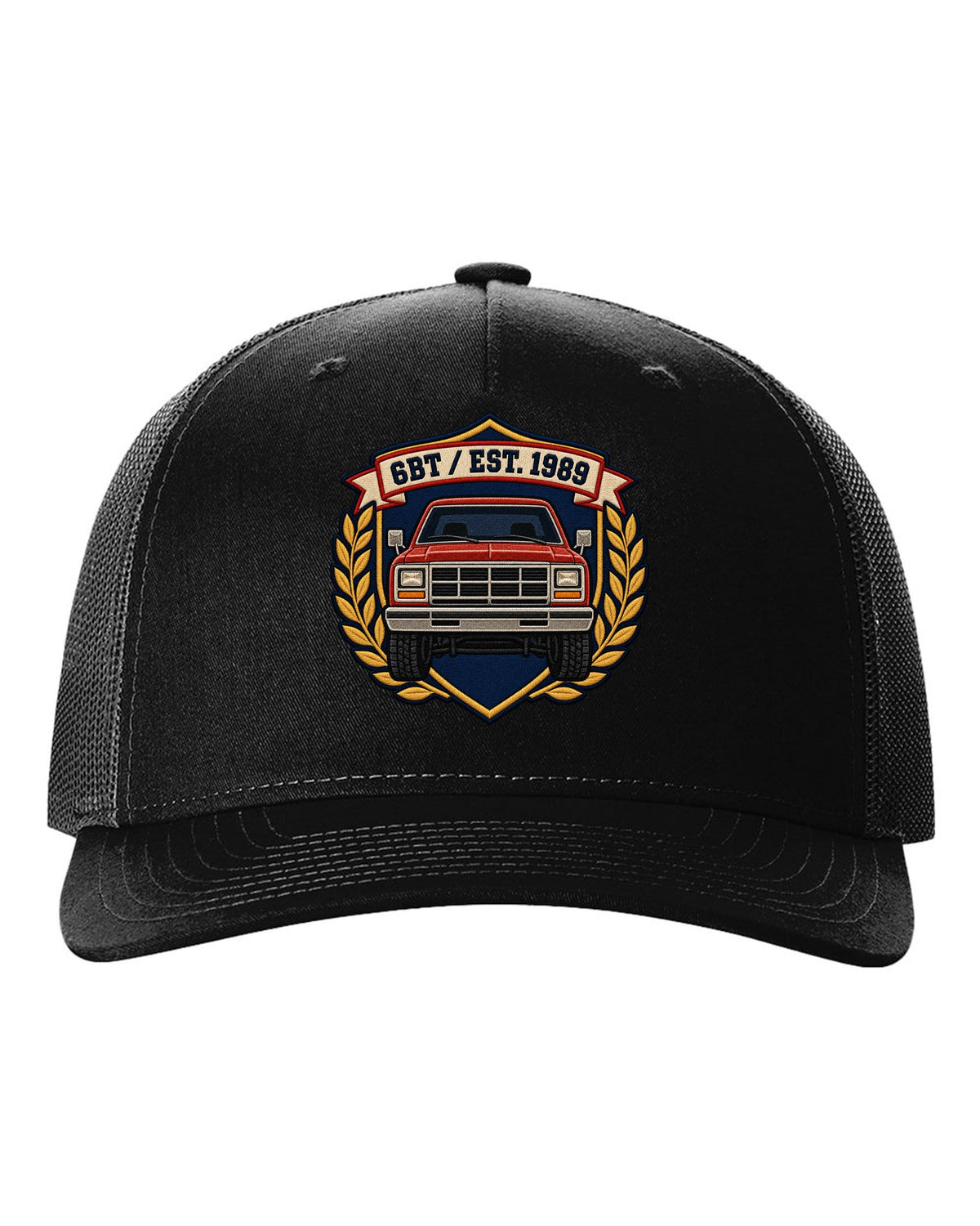 Varsity shield crest print for a first-generation Dodge Ram D250 6BT Cummins black hat front view with the design