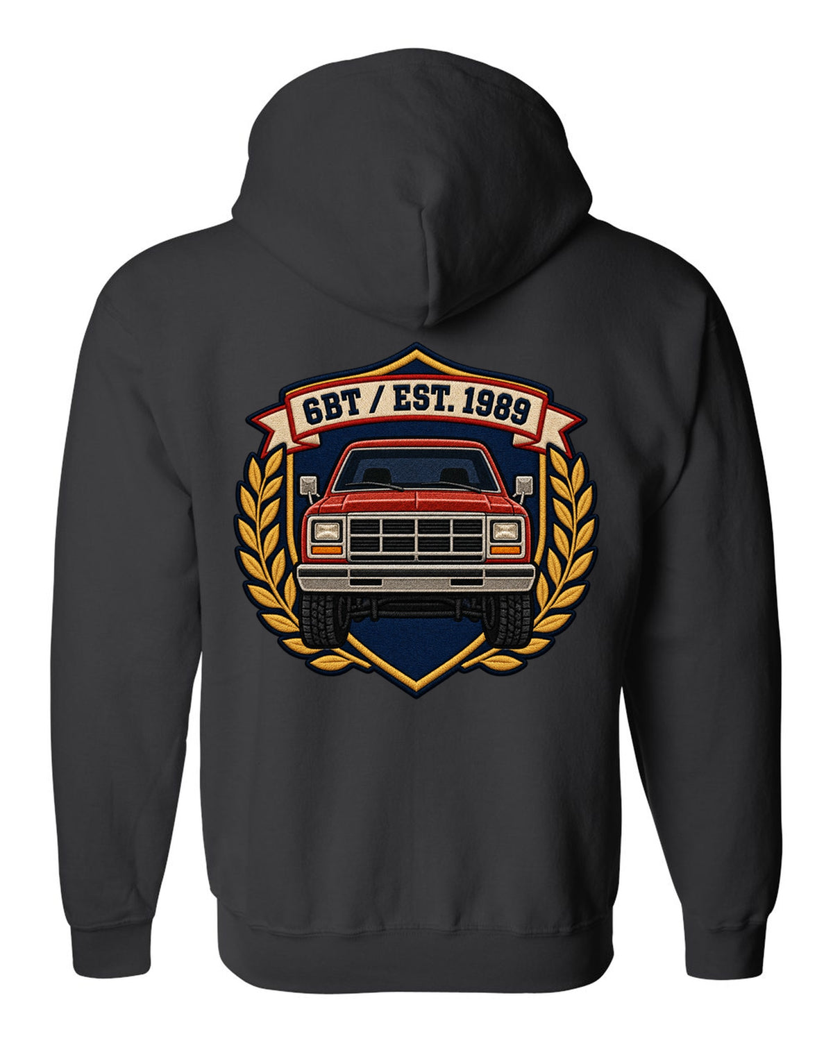 Varsity shield crest print for a first-generation Dodge Ram D250 6BT Cummins black zip hoodie back view with the design