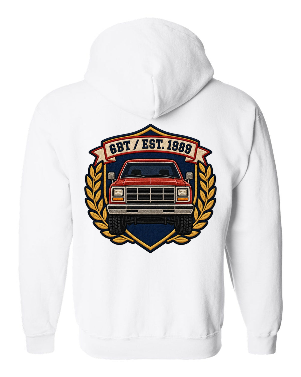 Varsity shield crest print for a first-generation Dodge Ram D250 6BT Cummins white zip hoodie back view with the design