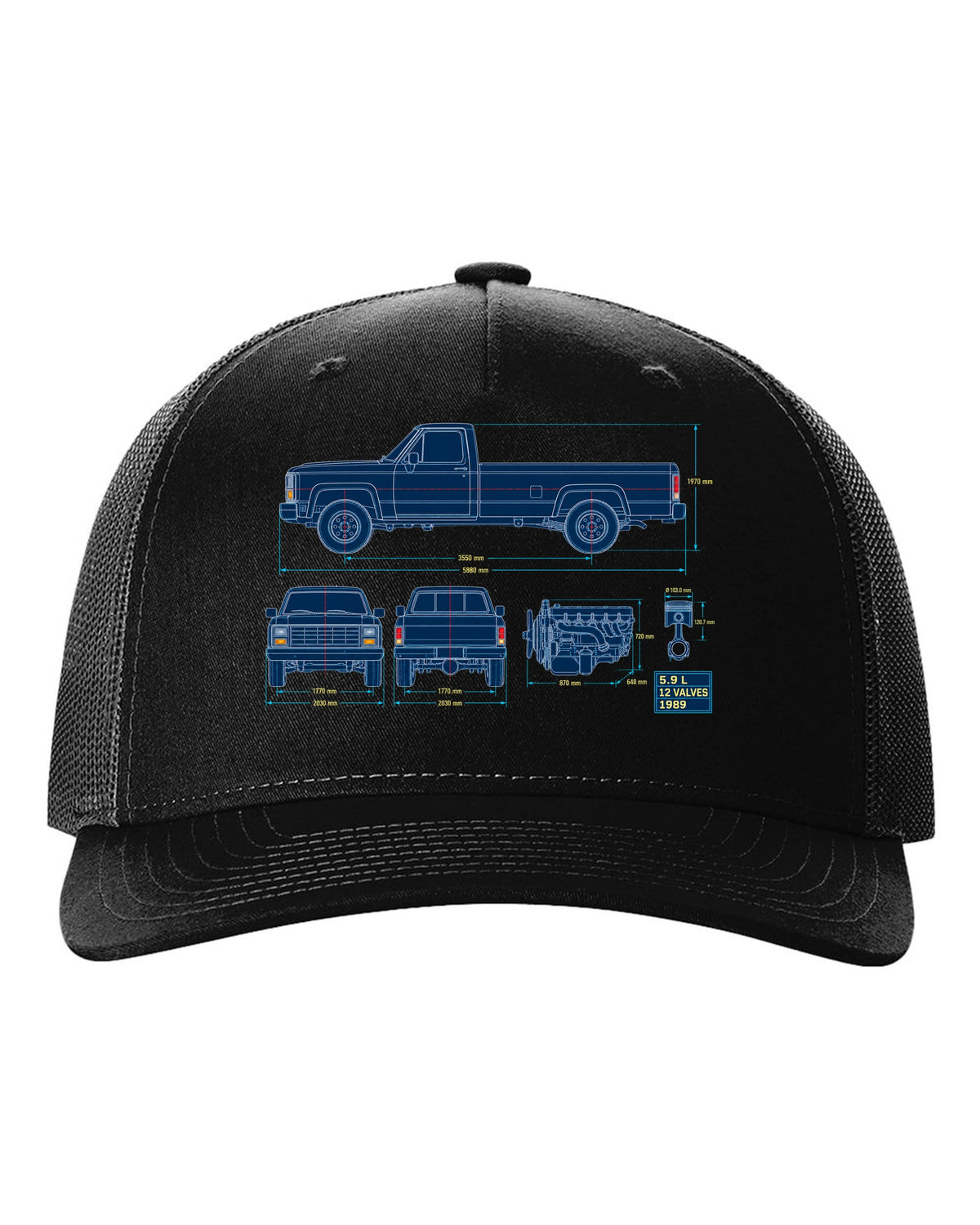 Blueprint line art print of a 1989-1993 Dodge Ram D250 Cummins with 5.9 L and 12 valves black hat front view with the design