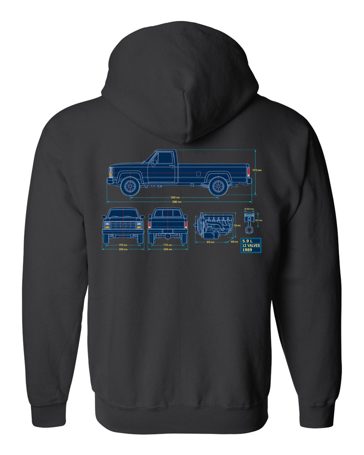 Blueprint line art print of a 1989-1993 Dodge Ram D250 Cummins with 5.9 L and 12 valves black zip hoodie back view with the design