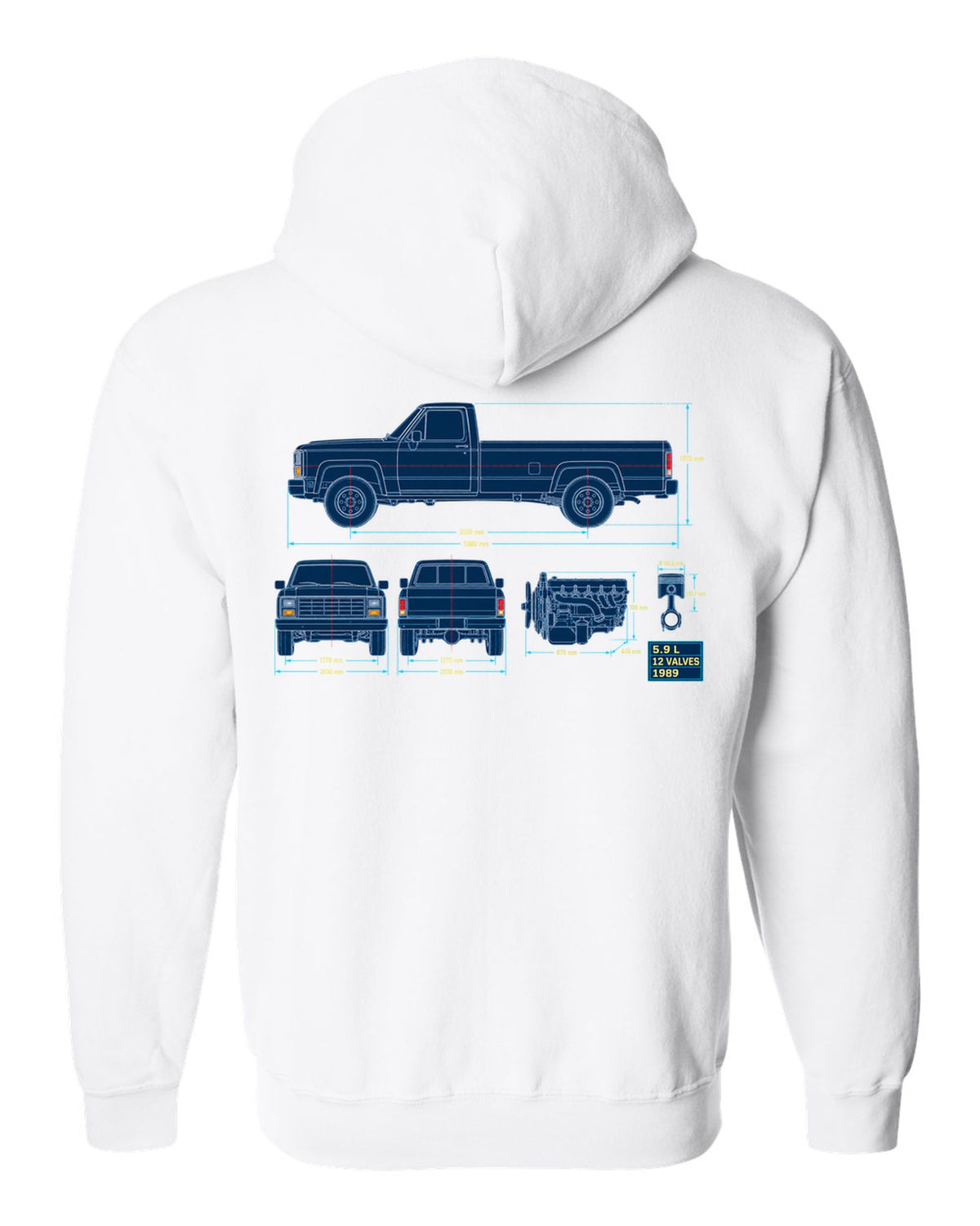 Blueprint line art print of a 1989-1993 Dodge Ram D250 Cummins with 5.9 L and 12 valves white zip hoodie back view with the design