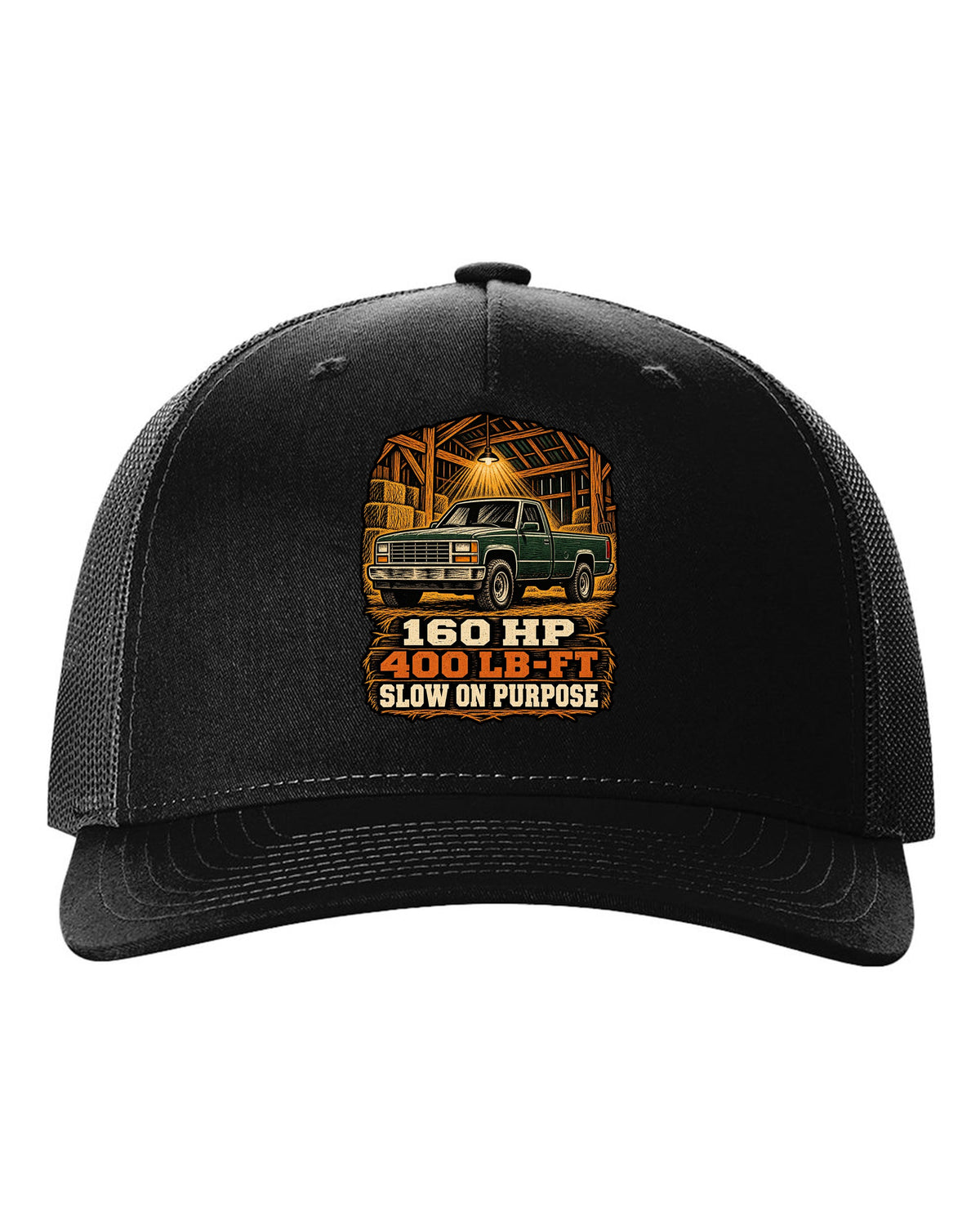 Woodcut style print of a 1989-1993 Dodge Ram D250 Cummins on an oversized shirt black hat front view with the design