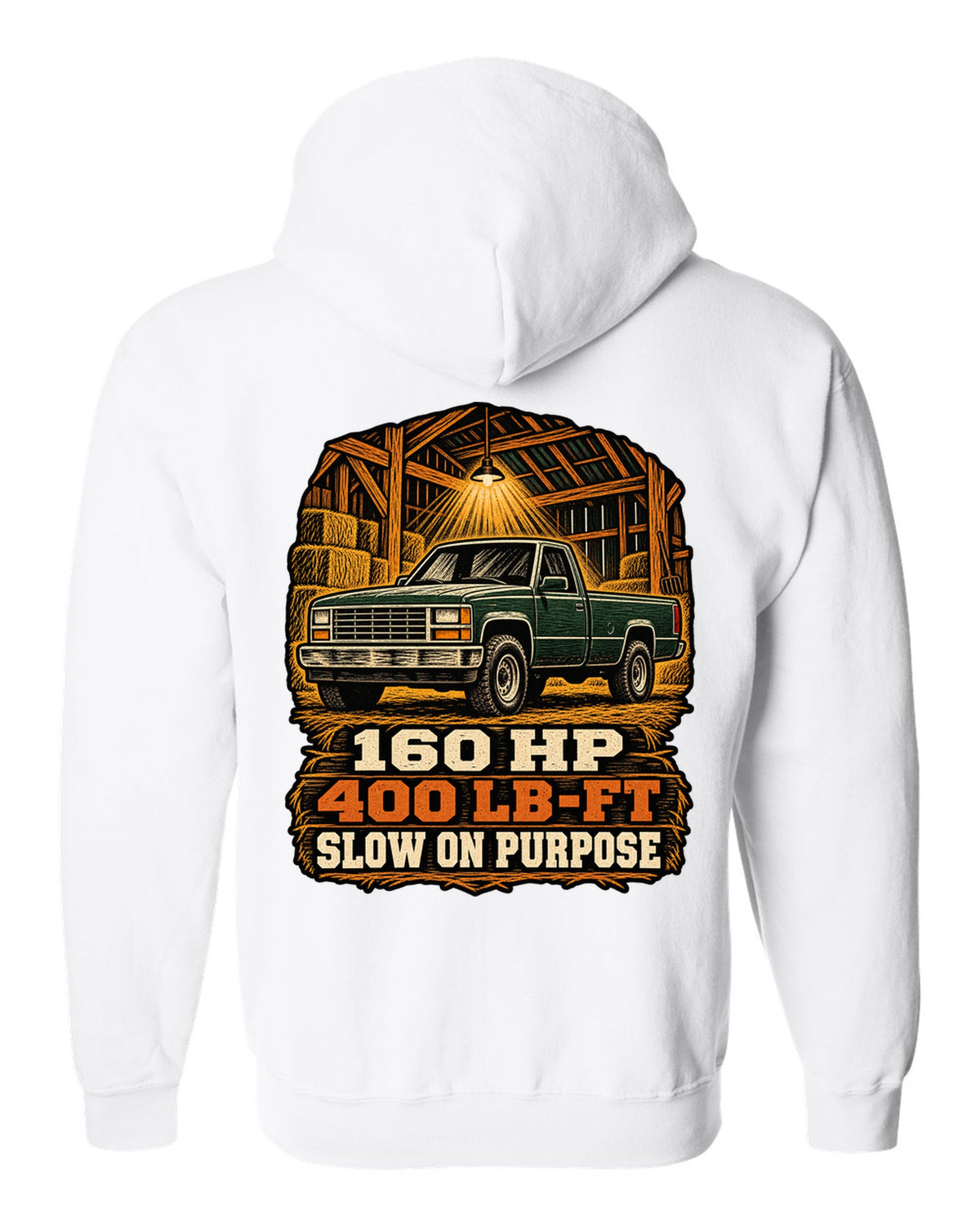 Woodcut style print of a 1989-1993 Dodge Ram D250 Cummins on an oversized shirt white zip hoodie back view with the design