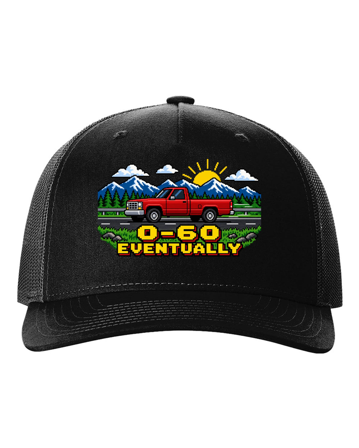 Pixel art print of a 1989-1993 Dodge Ram D250 Cummins with the text 0-60 eventually black hat front view with the design