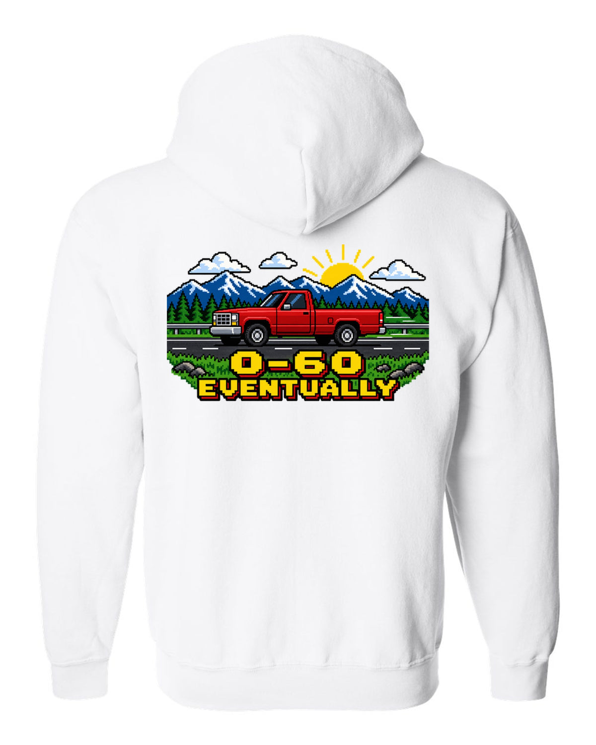 Pixel art print of a 1989-1993 Dodge Ram D250 Cummins with the text 0-60 eventually white zip hoodie back view with the design