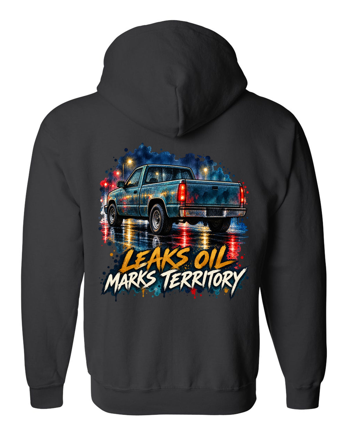 Watercolour wet-road night print of a 1989-1993 Dodge Ram D250 Cummins black zip hoodie back view with the design