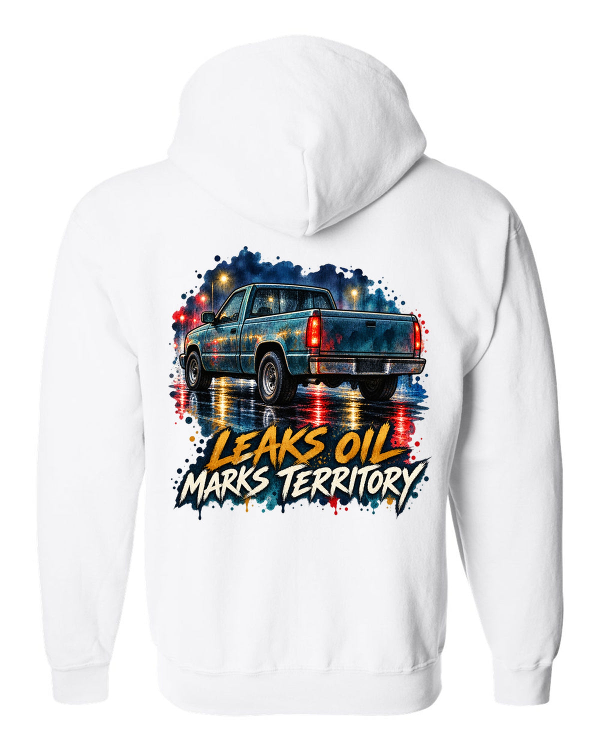 Watercolour wet-road night print of a 1989-1993 Dodge Ram D250 Cummins white zip hoodie back view with the design