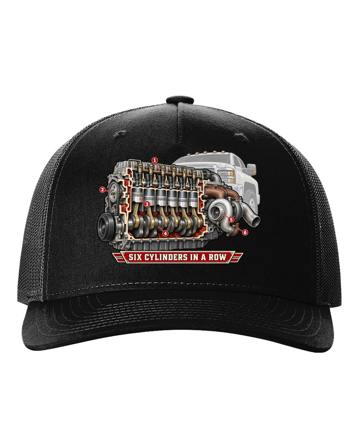 Cutaway diagram print of an inline-six diesel engine from a Dodge Ram 2nd gen with six cylinders in a row text black hat front view with the design