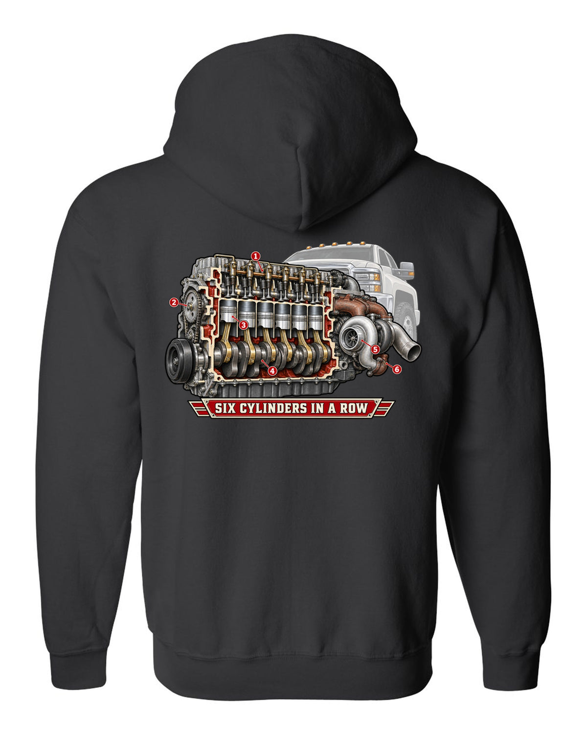Cutaway diagram print of an inline-six diesel engine from a Dodge Ram 2nd gen with six cylinders in a row text black zip hoodie back view with the design