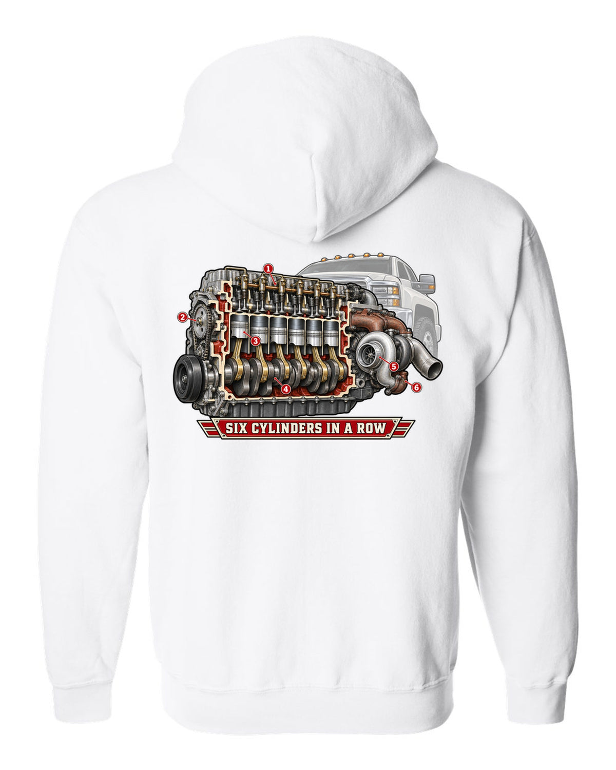 Cutaway diagram print of an inline-six diesel engine from a Dodge Ram 2nd gen with six cylinders in a row text white zip hoodie back view with the design