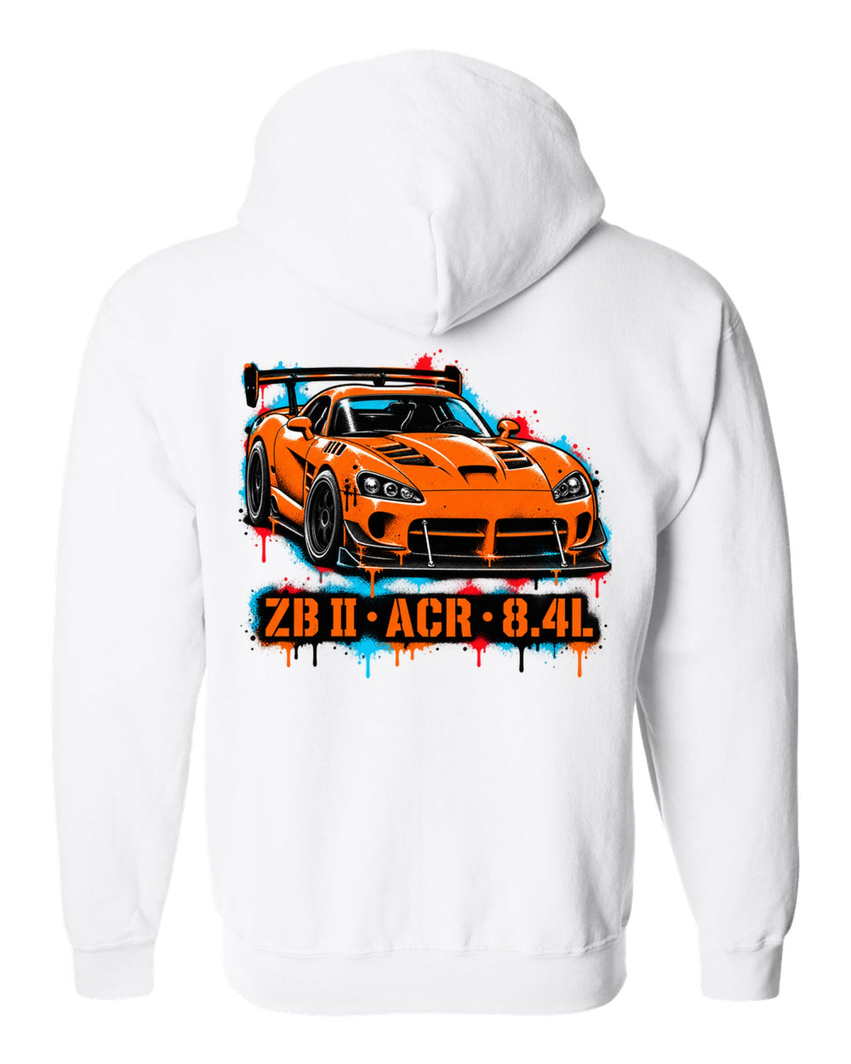 Stencil spray street art of a 2008 Dodge Viper ACR with large rear wing, ZB II ACR 8.4L lettering white zip hoodie back view with the design