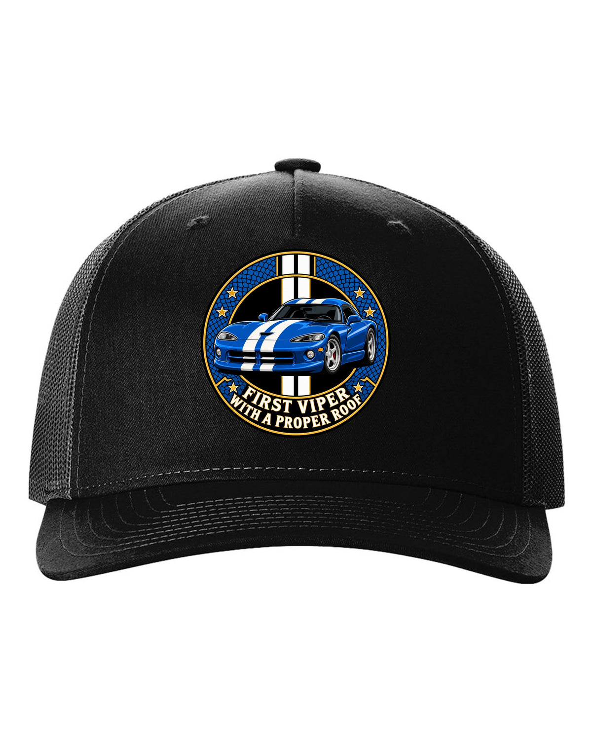 Original crest design print of a 1996 Dodge Viper GTS SR II with proper roof text black hat front view with the design
