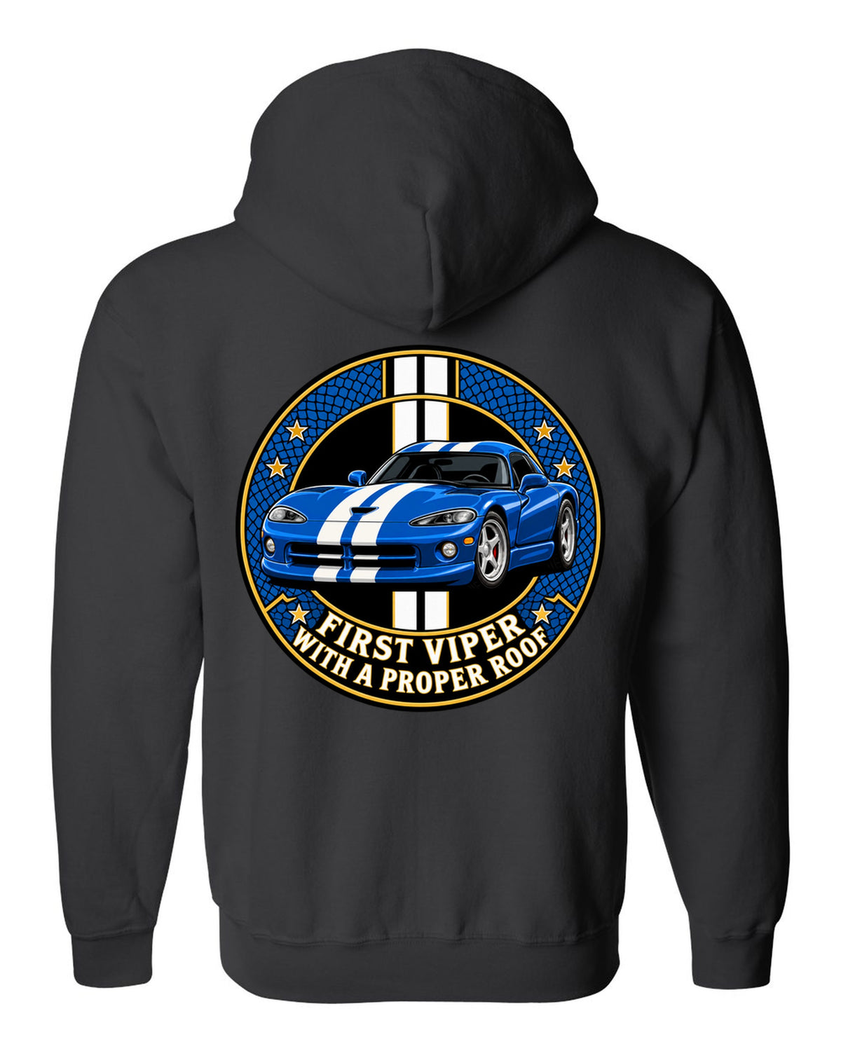 Original crest design print of a 1996 Dodge Viper GTS SR II with proper roof text black zip hoodie back view with the design