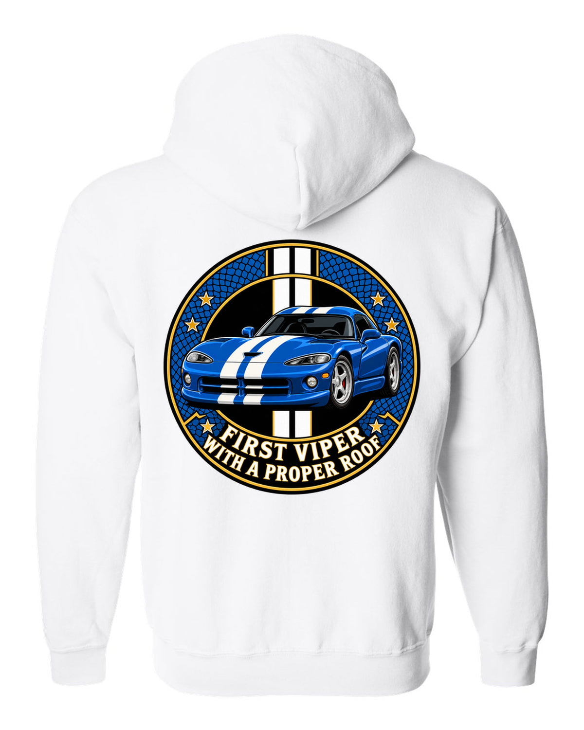 Original crest design print of a 1996 Dodge Viper GTS SR II with proper roof text white zip hoodie back view with the design