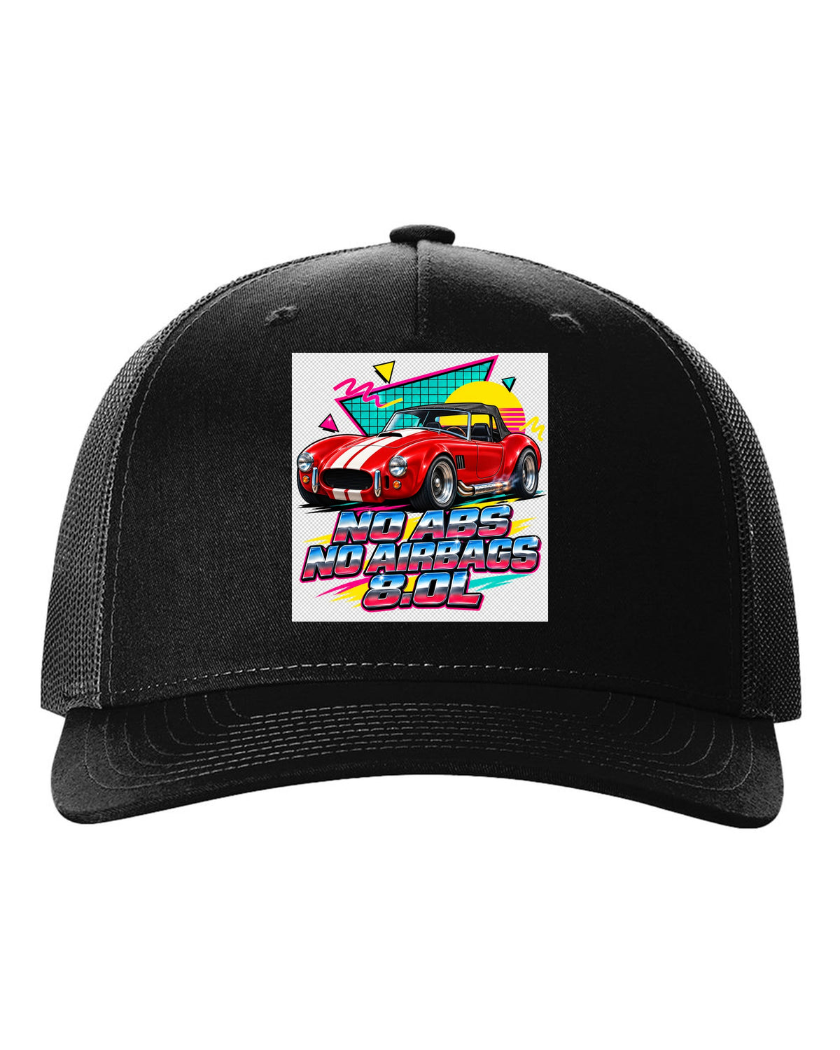 Airbrushed 90s Memphis grid print of a 1992 Dodge Viper RT/10 with no ABS text black hat front view with the design