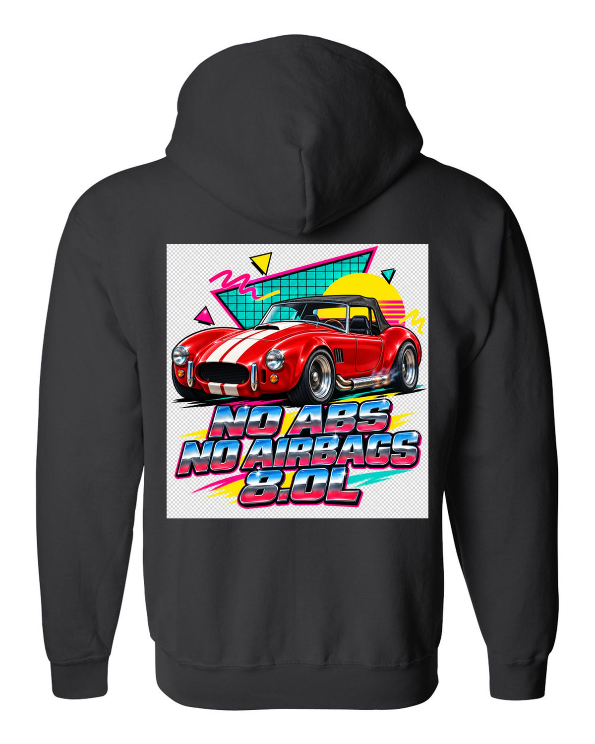 Airbrushed 90s Memphis grid print of a 1992 Dodge Viper RT/10 with no ABS text black zip hoodie back view with the design