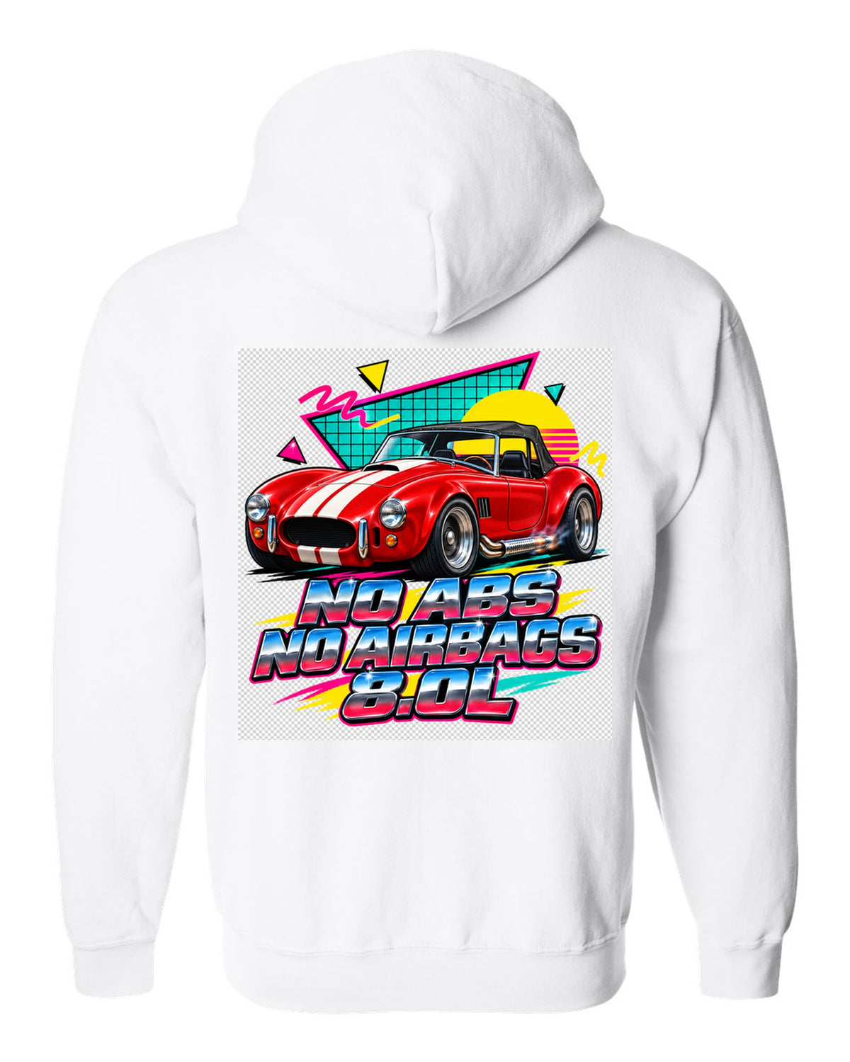 Airbrushed 90s Memphis grid print of a 1992 Dodge Viper RT/10 with no ABS text white zip hoodie back view with the design