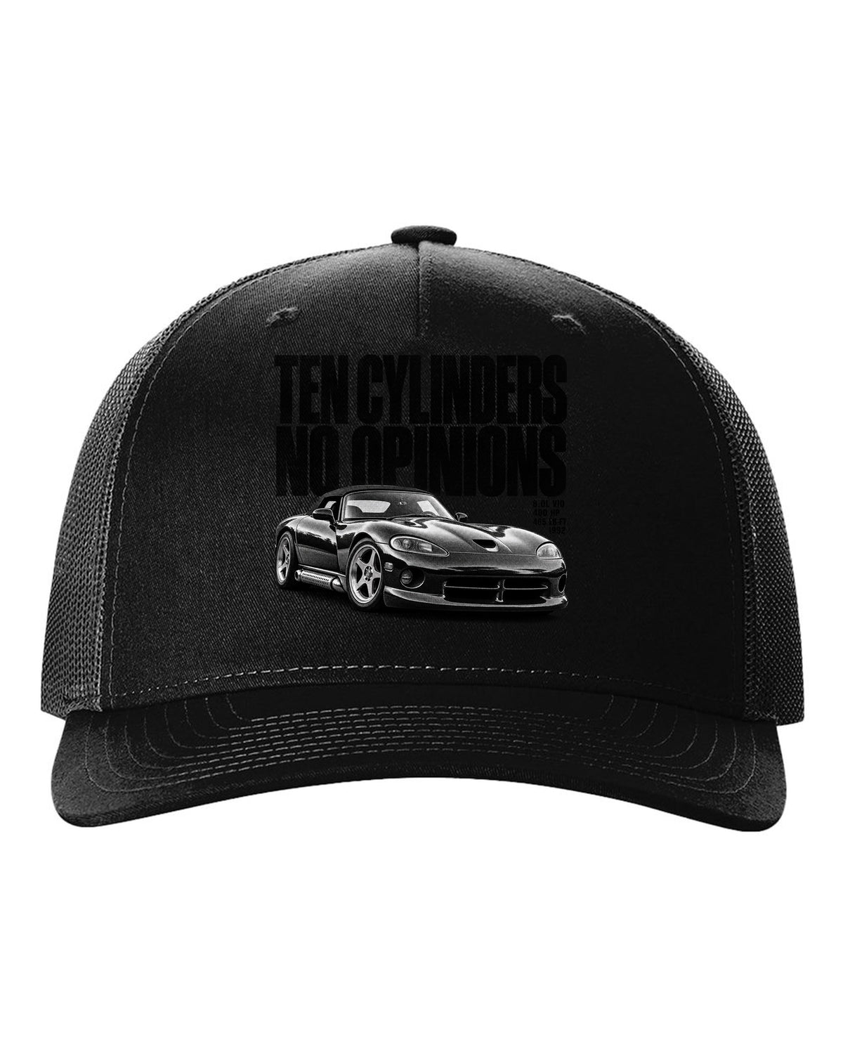 Halftone print of a 1992 Dodge Viper RT/10 SR I with the words ten cylinders, no opinions black hat front view with the design
