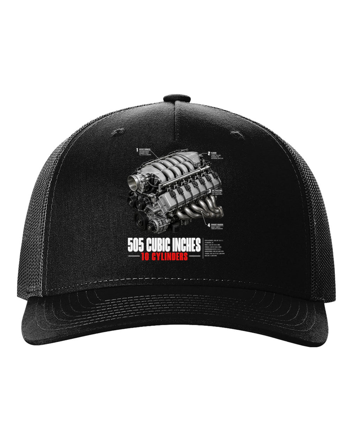 Dodge Viper SRT-10 ZB I 8.3L V10 engine hero print with 505 cubic inches lettering black hat front view with the design