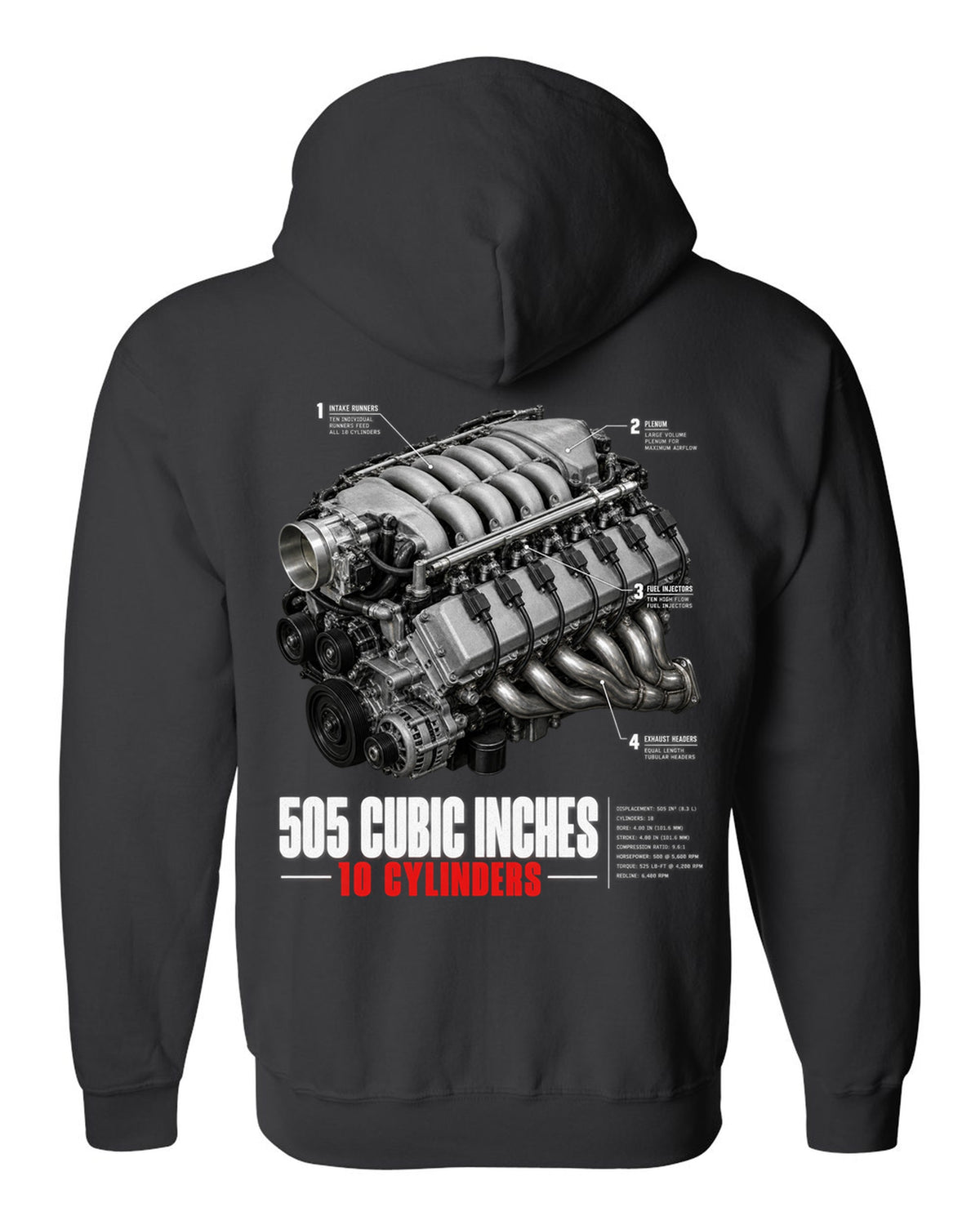 Dodge Viper SRT-10 ZB I 8.3L V10 engine hero print with 505 cubic inches lettering black zip hoodie back view with the design