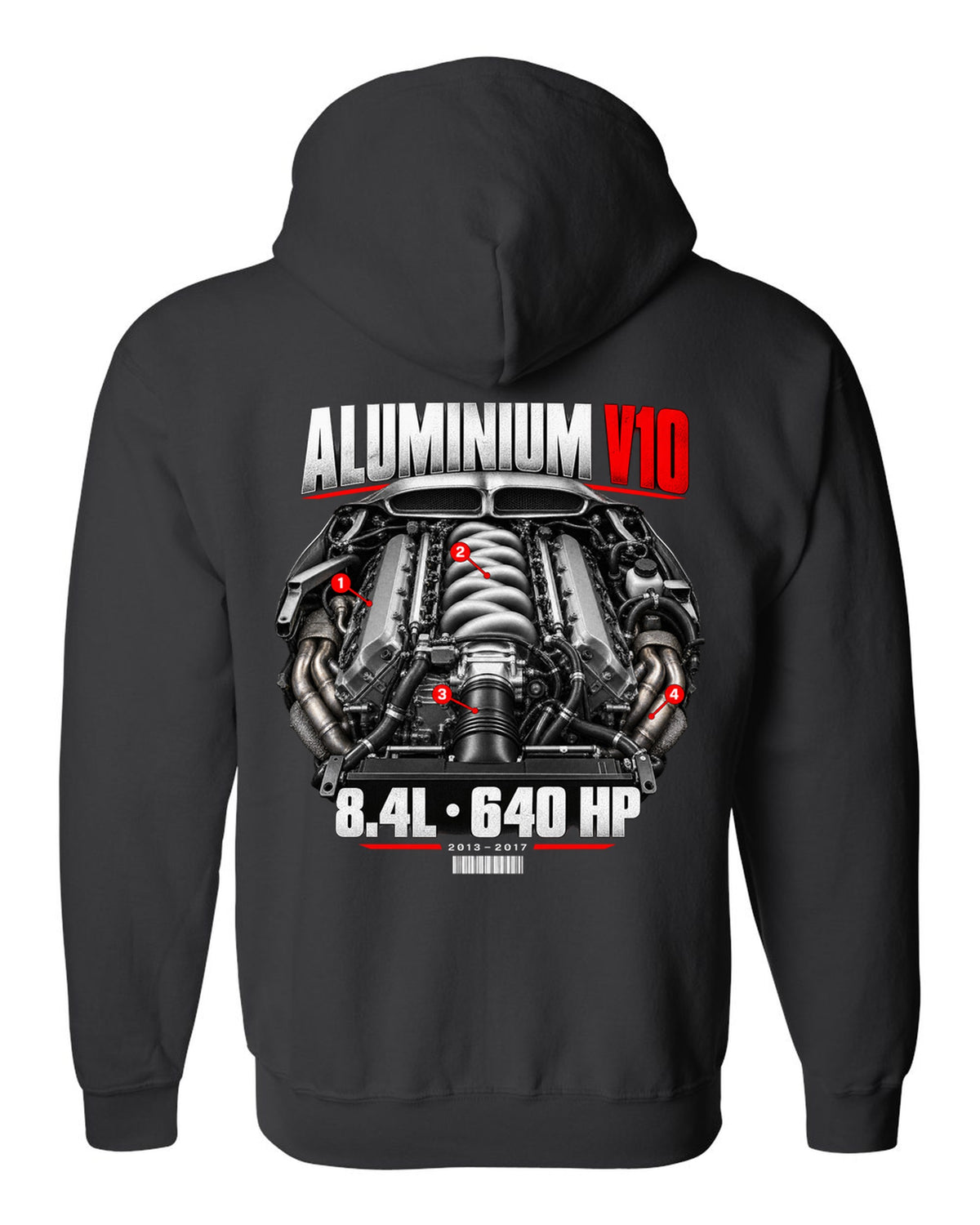 Dodge Viper VX aluminium V10 engine hero print with 8.4L and 640 HP lettering black zip hoodie back view with the design