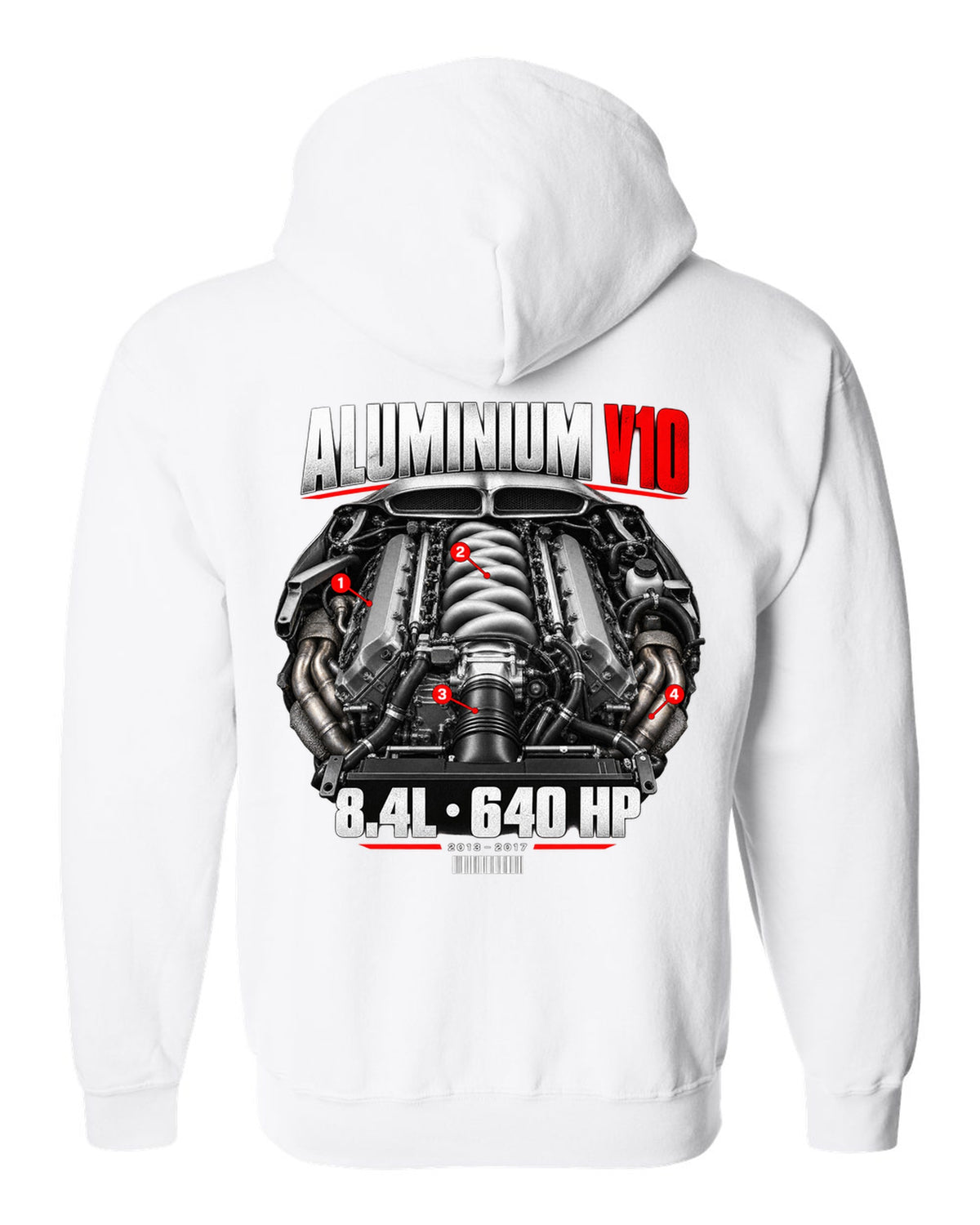 Dodge Viper VX aluminium V10 engine hero print with 8.4L and 640 HP lettering white zip hoodie back view with the design