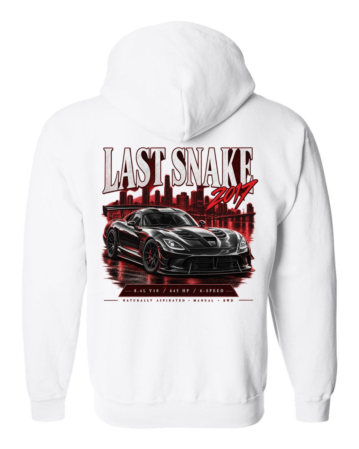 Archive panel print of the 2017 Dodge Viper VX I ACR with 8.4L V10 and 645 HP specs white zip hoodie back view with the design