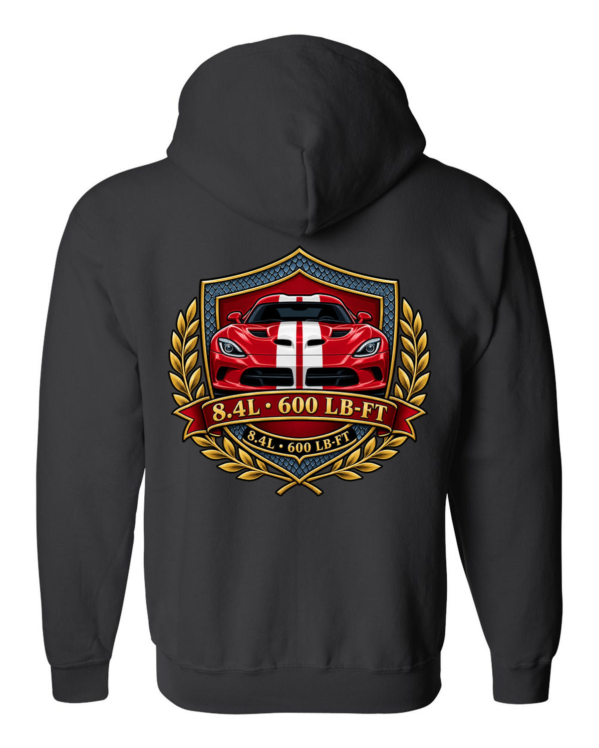 Original shield crest design for the 2013 Dodge Viper VX I with 8.4L and 600 LB-FT lettering black zip hoodie back view with the design