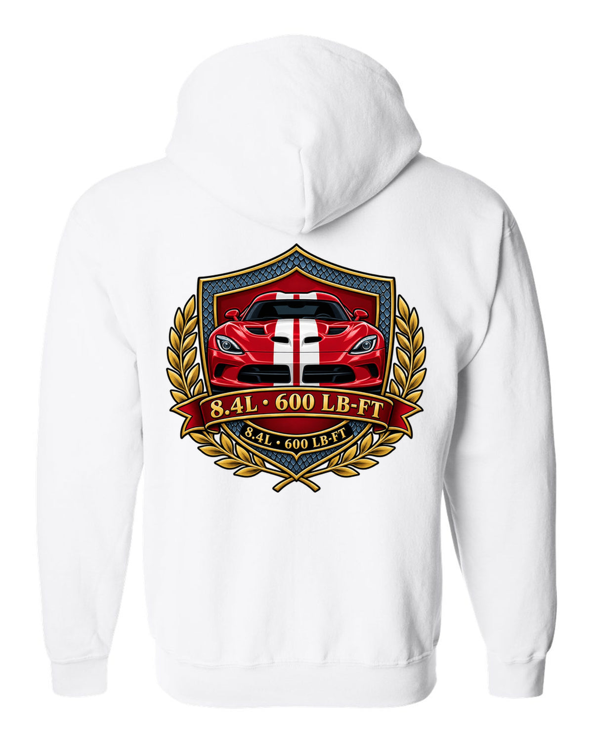 Original shield crest design for the 2013 Dodge Viper VX I with 8.4L and 600 LB-FT lettering white zip hoodie back view with the design