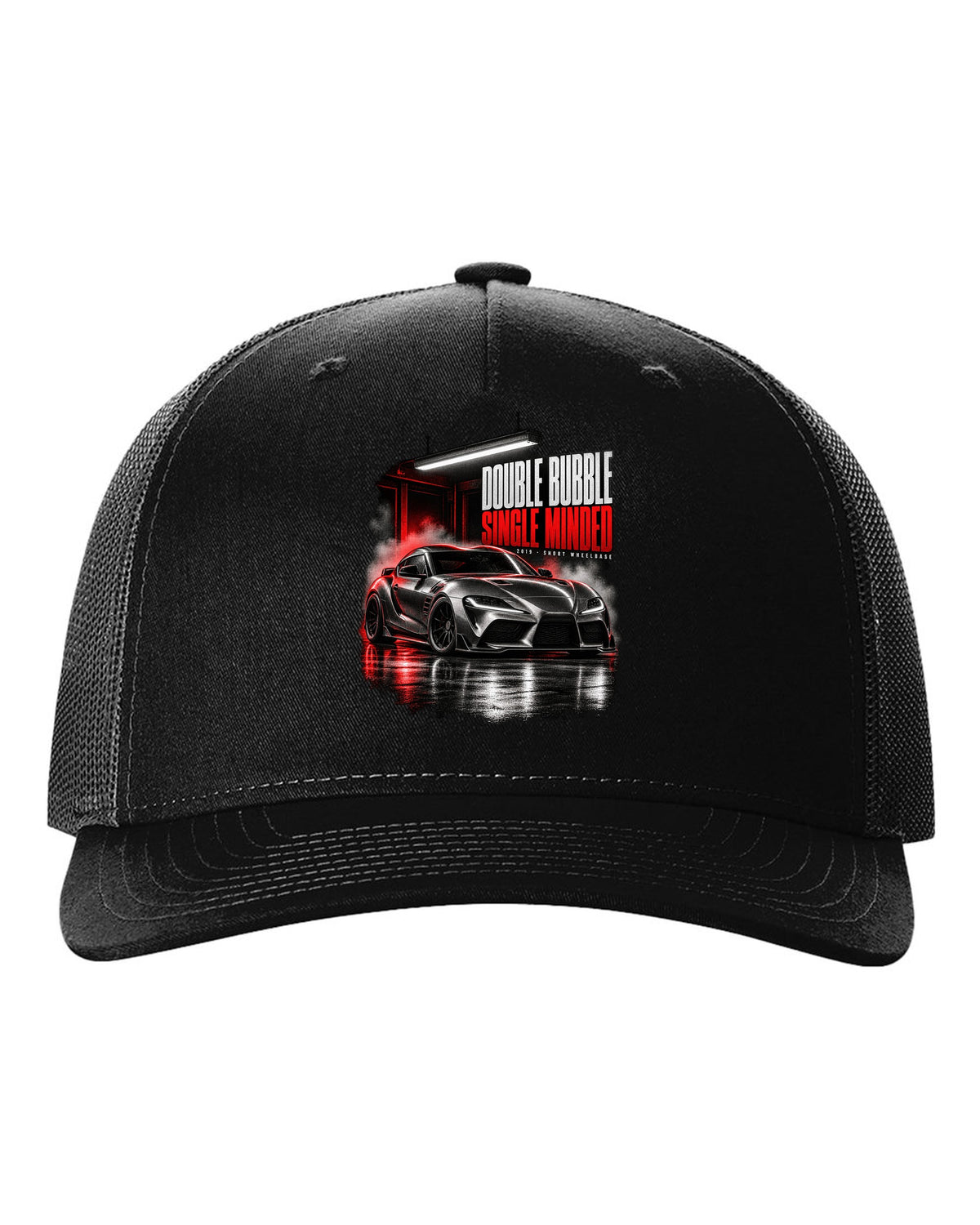 Garage night print of a Toyota GR Supra A90 with the text Double Bubble Single Minded black hat front view with the design
