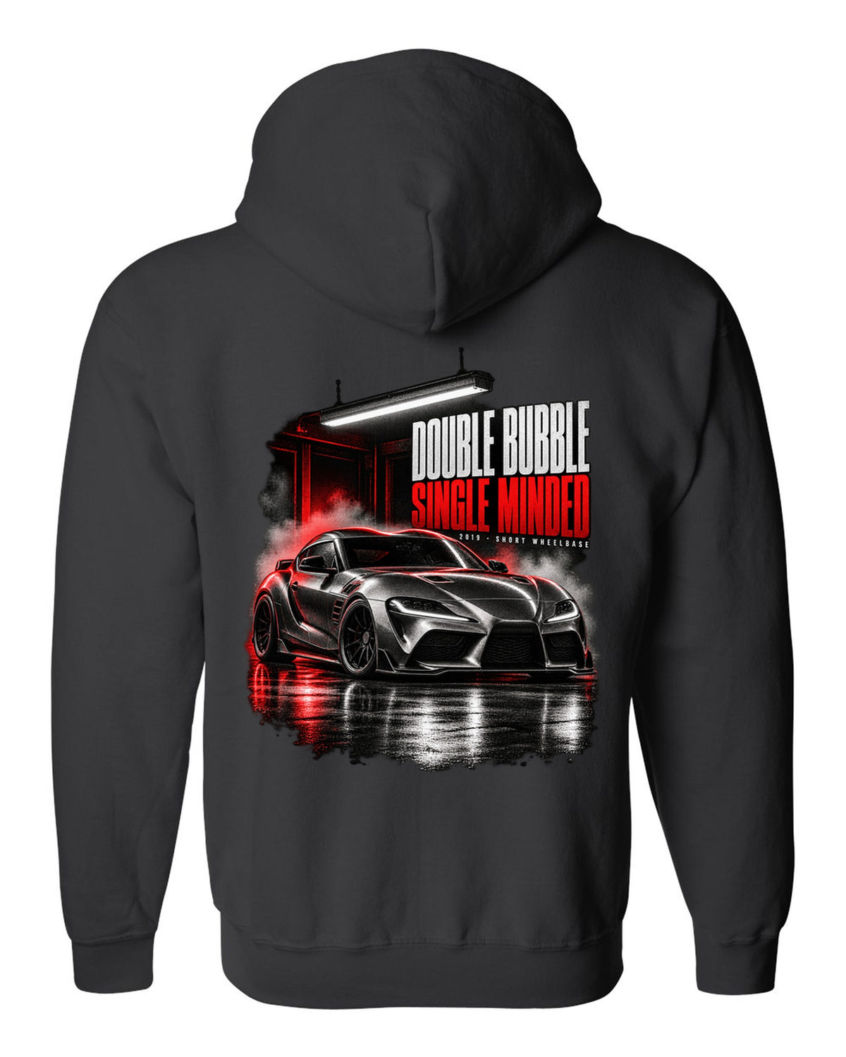 Garage night print of a Toyota GR Supra A90 with the text Double Bubble Single Minded black zip hoodie back view with the design