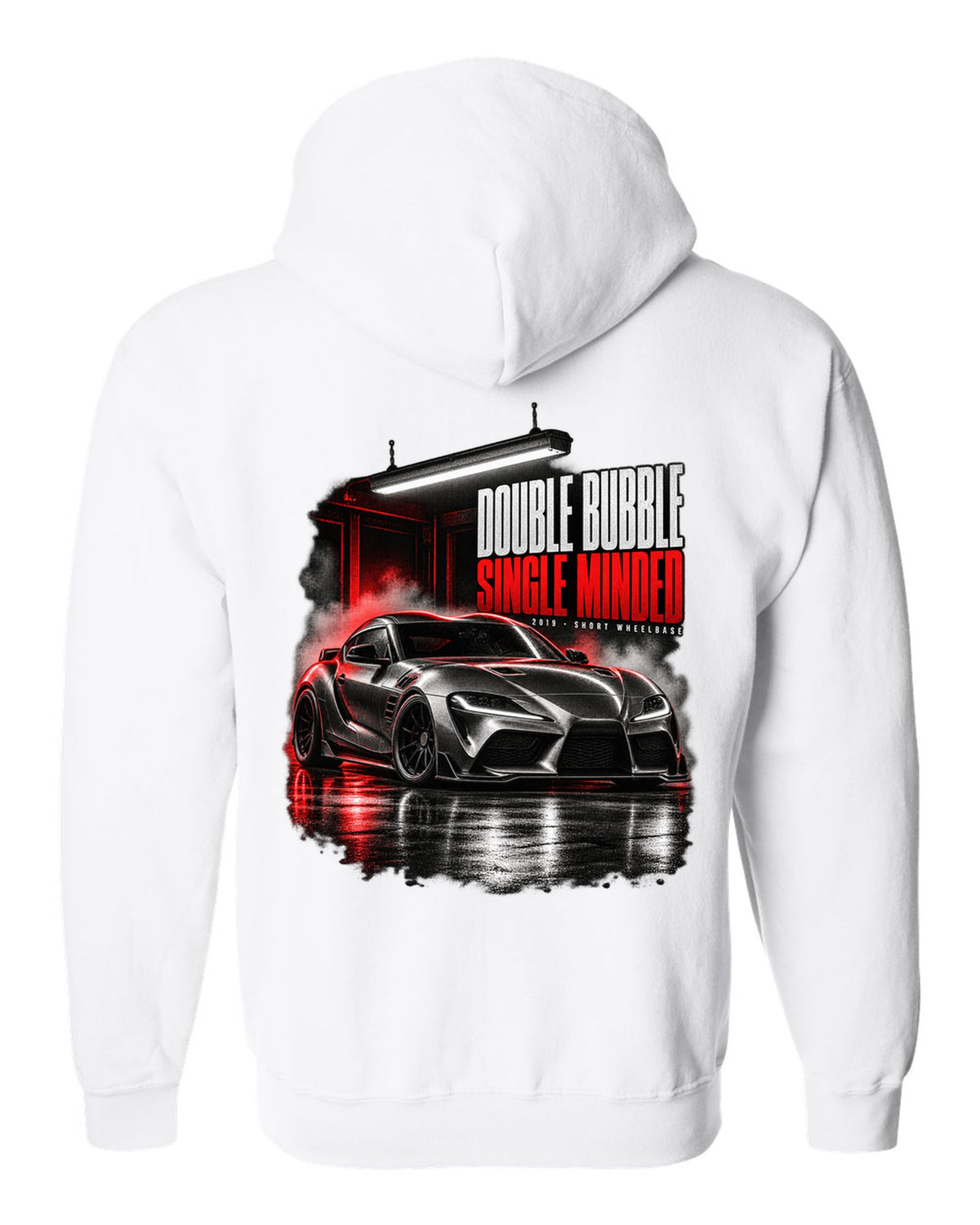 Garage night print of a Toyota GR Supra A90 with the text Double Bubble Single Minded white zip hoodie back view with the design