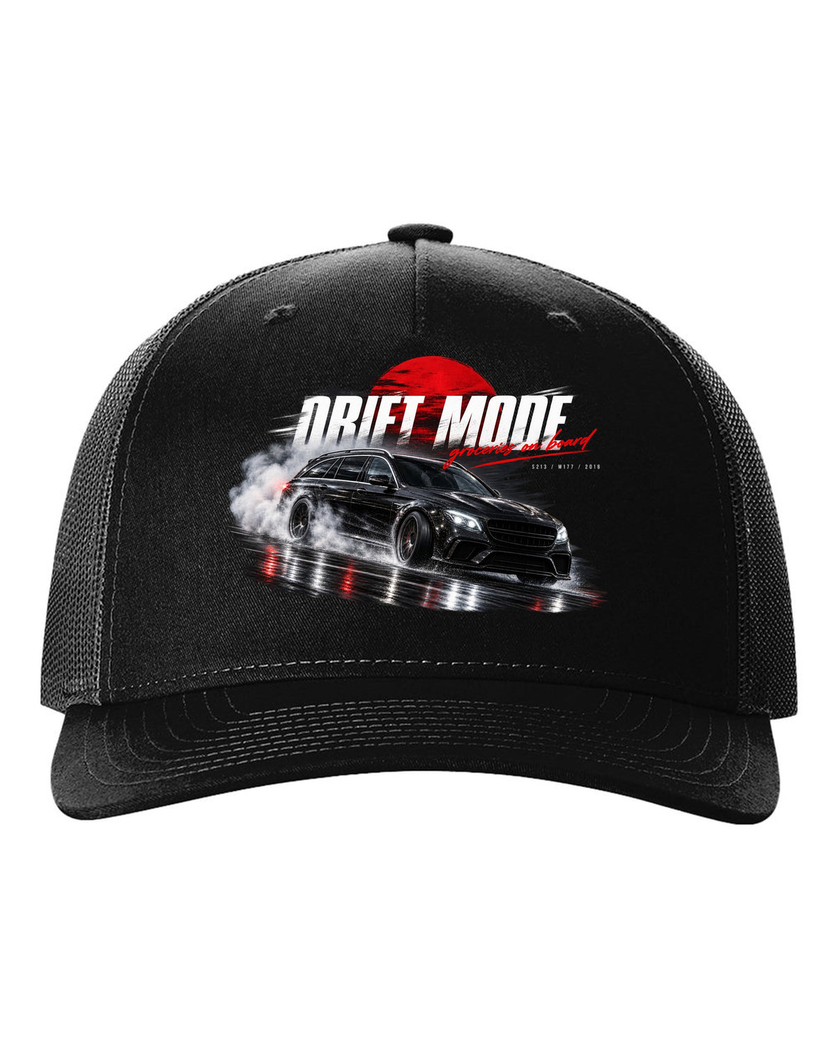 print night drift scene of a 2018 Mercedes E63 S AMG Estate S213 with text Drift Mode groceries on board black hat front view with the design