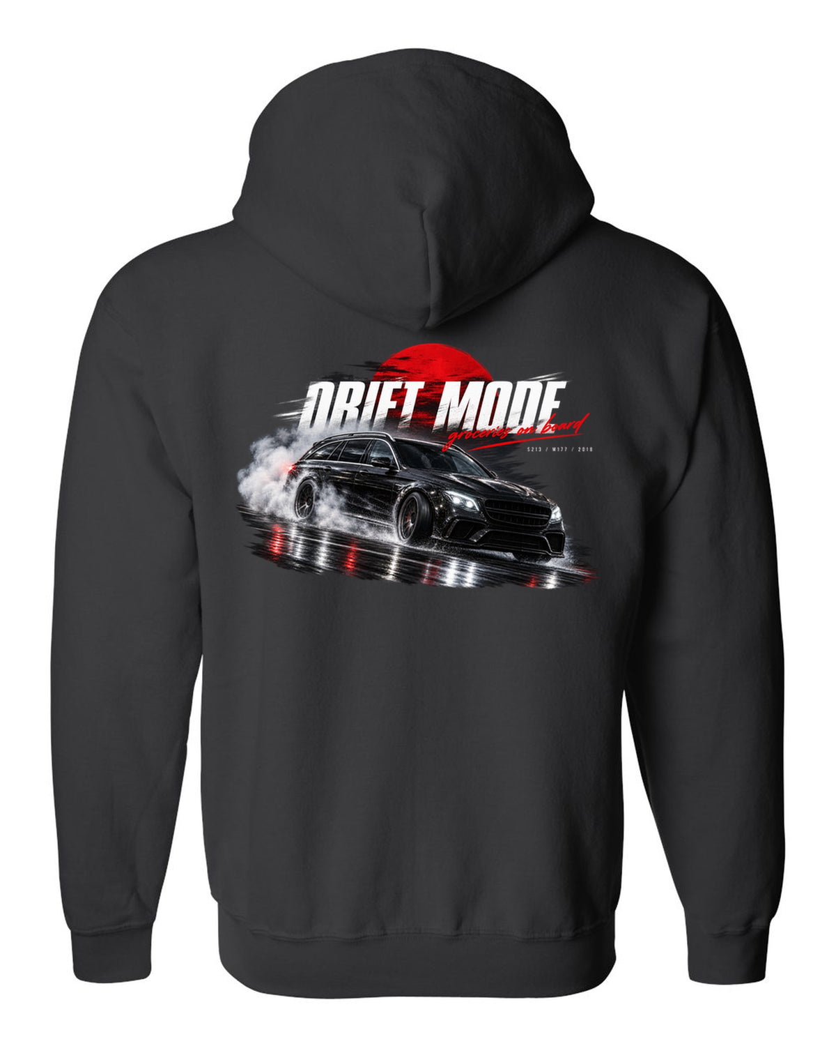 print night drift scene of a 2018 Mercedes E63 S AMG Estate S213 with text Drift Mode groceries on board black zip hoodie back view with the design