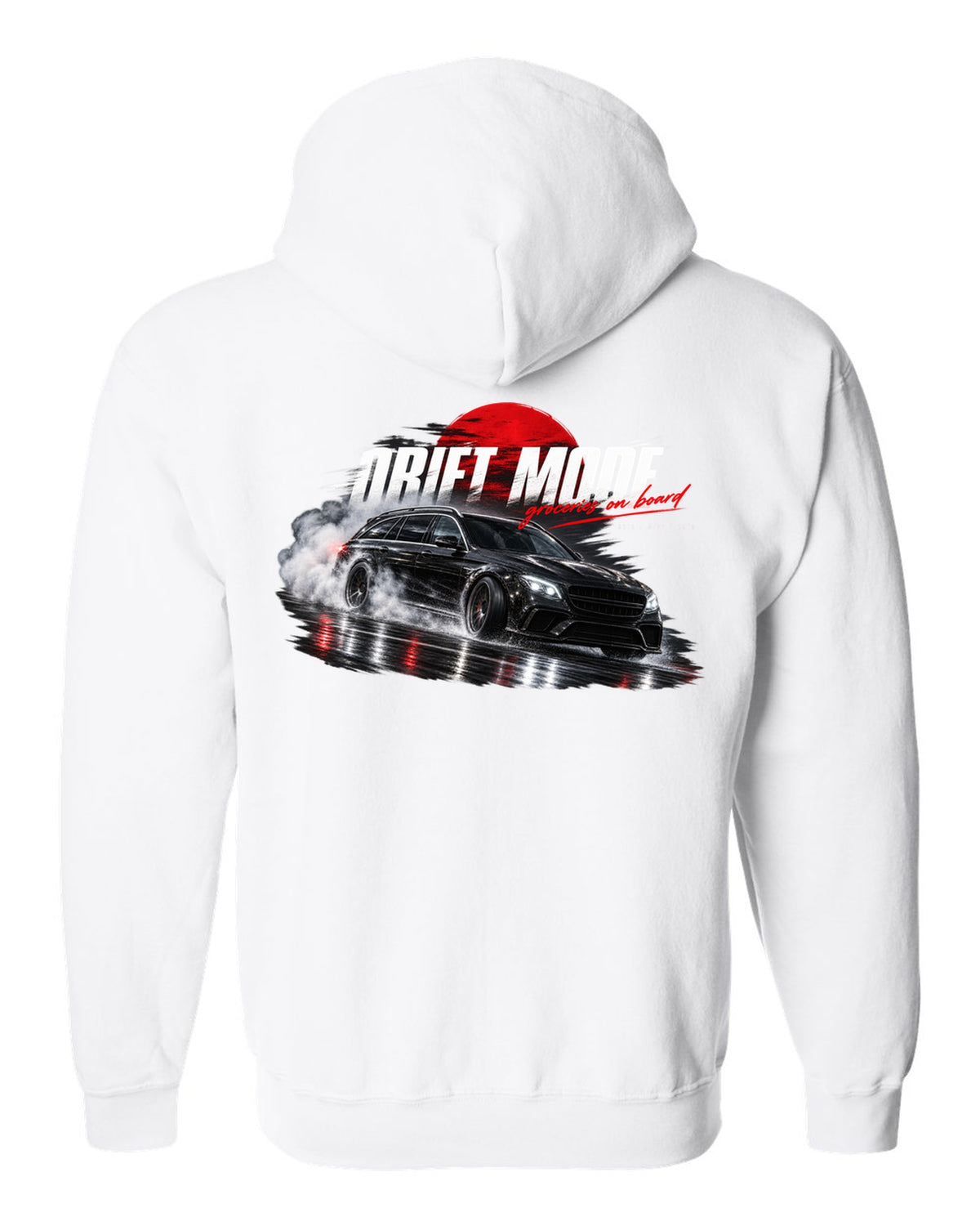print night drift scene of a 2018 Mercedes E63 S AMG Estate S213 with text Drift Mode groceries on board white zip hoodie back view with the design