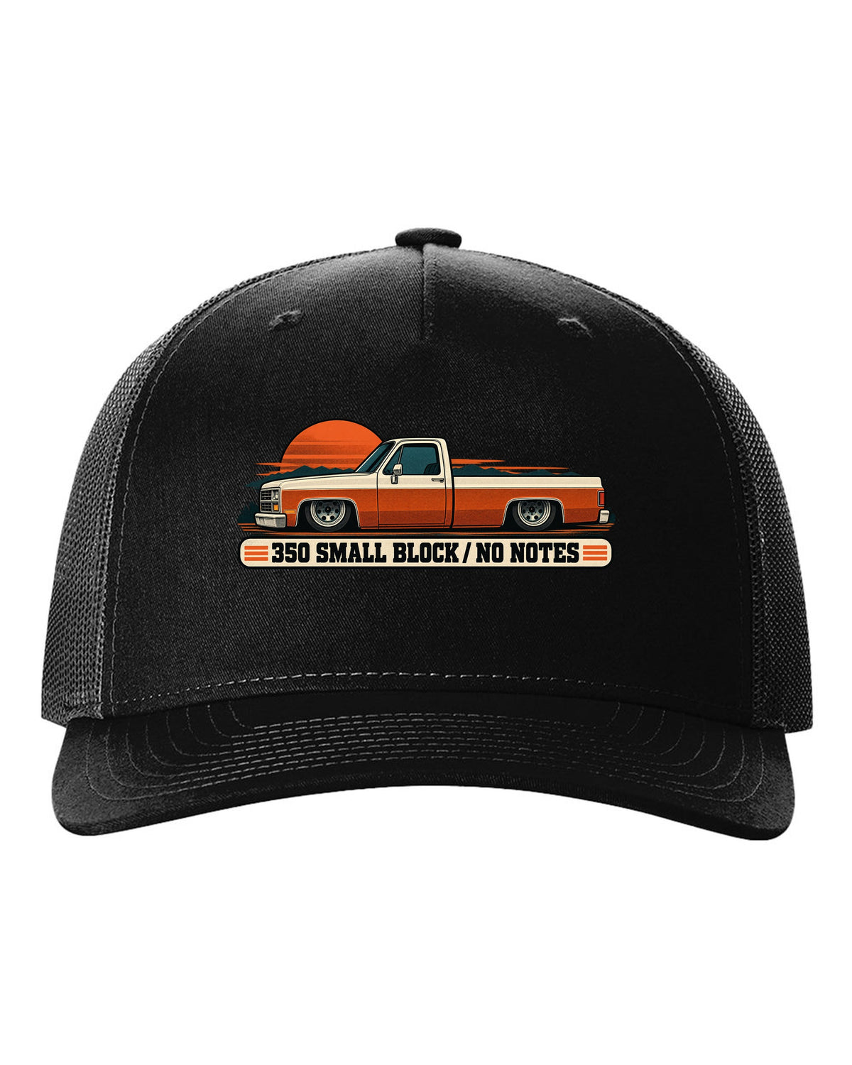 Retro two-colour halftone print of a dropped Chevrolet C10 Squarebody at dusk with 350 small block text black hat front view with the design