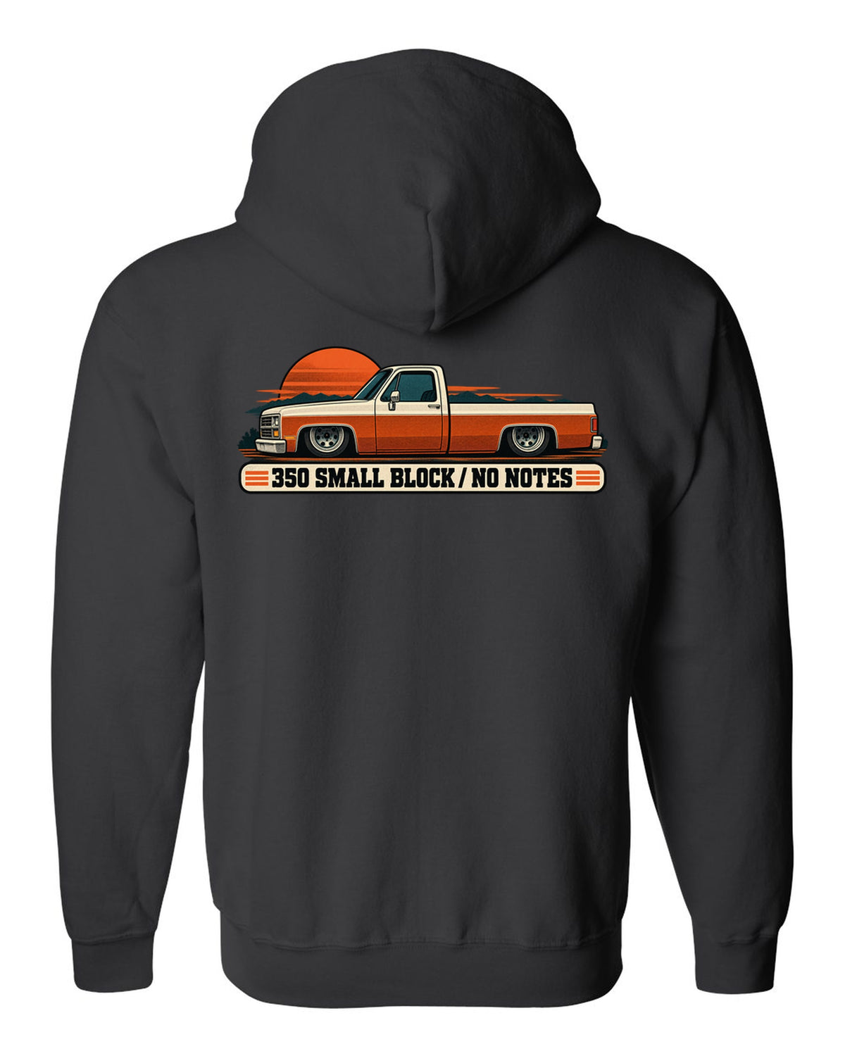 Retro two-colour halftone print of a dropped Chevrolet C10 Squarebody at dusk with 350 small block text black zip hoodie back view with the design