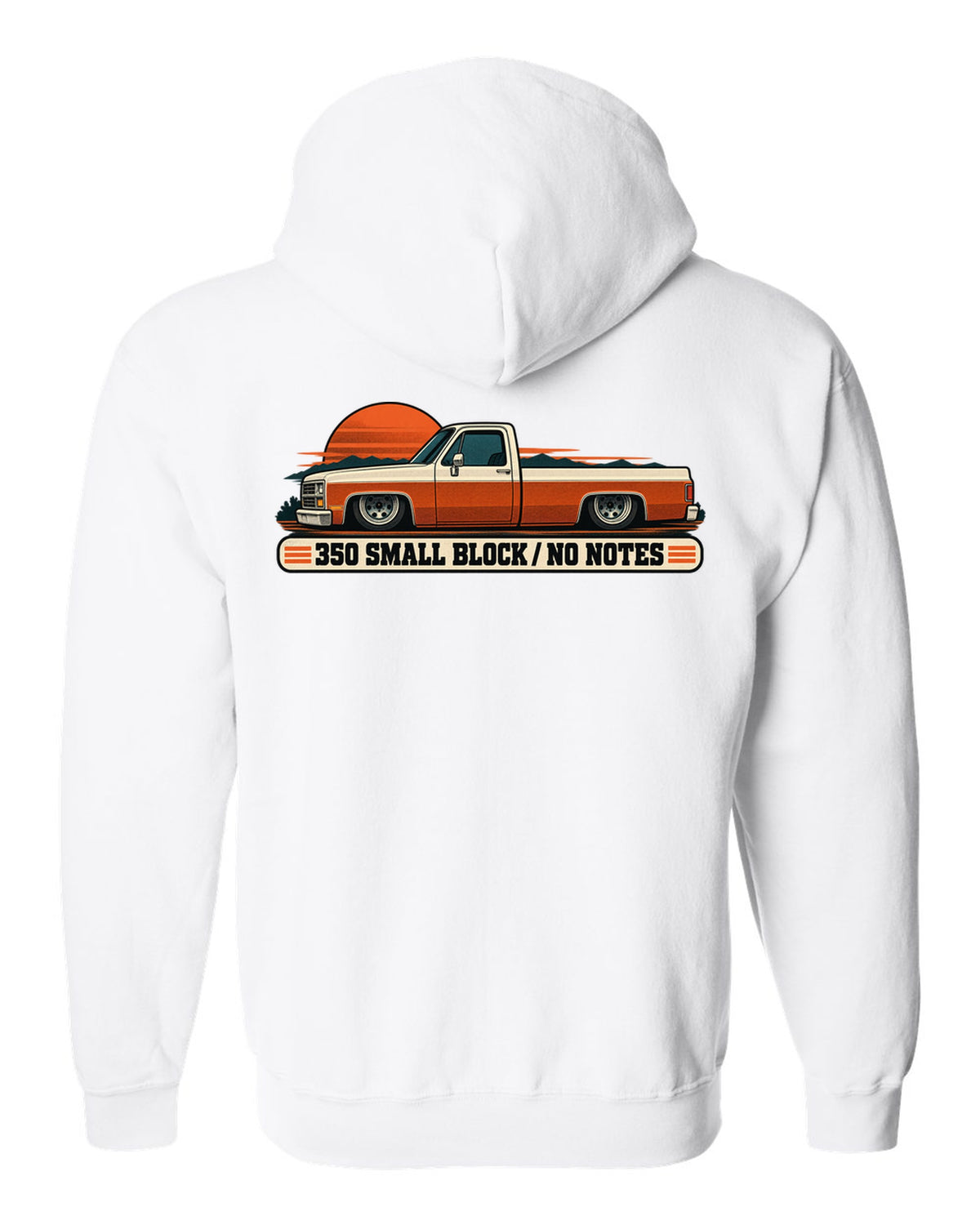 Retro two-colour halftone print of a dropped Chevrolet C10 Squarebody at dusk with 350 small block text white zip hoodie back view with the design