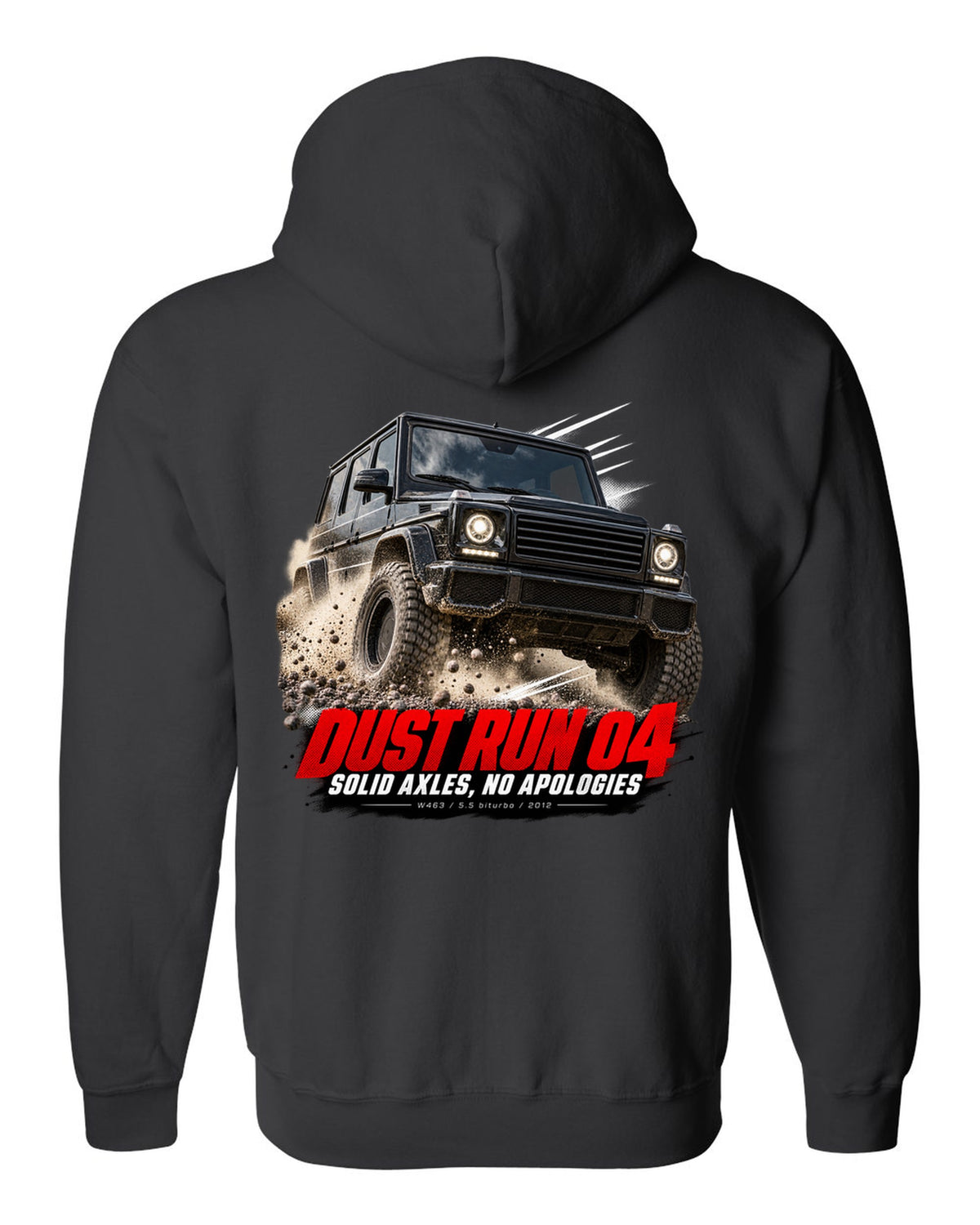 Race poster print of a Mercedes G63 AMG W463 with Dust Run 04 Solid Axles lettering black zip hoodie back view with the design