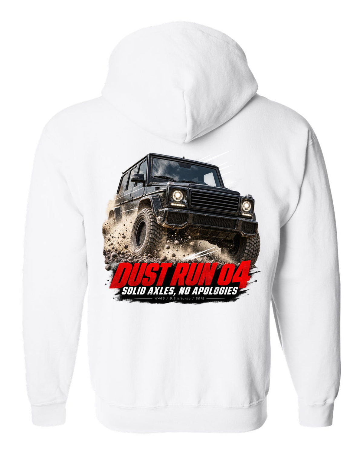 Race poster print of a Mercedes G63 AMG W463 with Dust Run 04 Solid Axles lettering white zip hoodie back view with the design