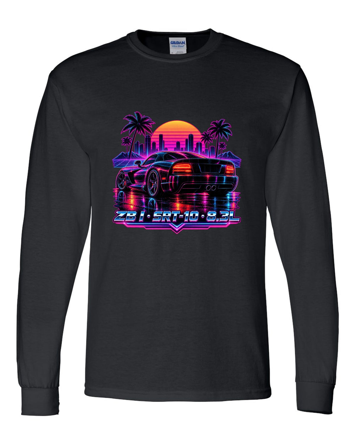 Synthwave neon rain street print of a 2005 Dodge Viper SRT-10 ZB I tail black long sleeve front view with the design