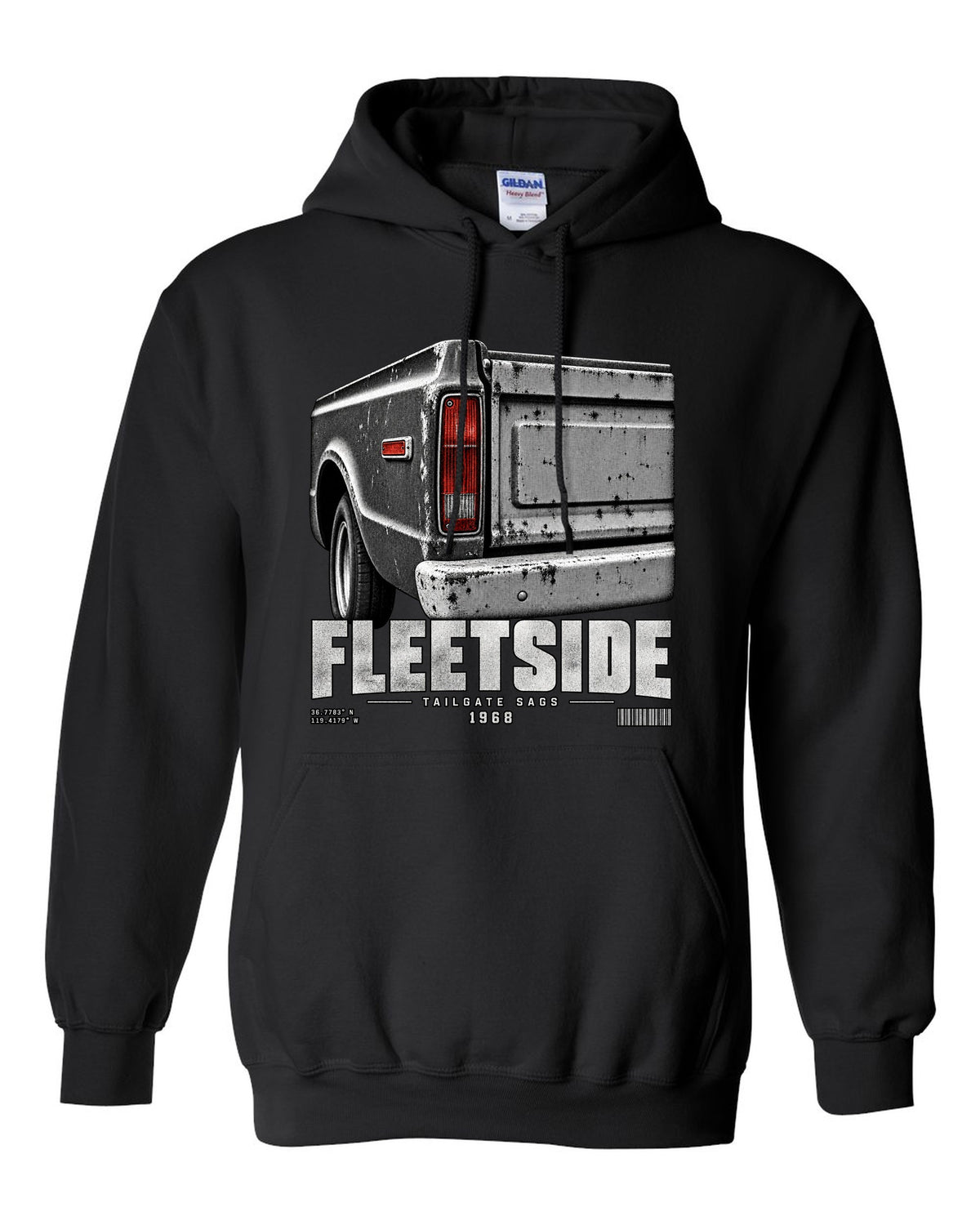 Close-up of a 1968 Chevy C10 Fleetside taillight and tailgate, print black pull over hoodie front view with the design