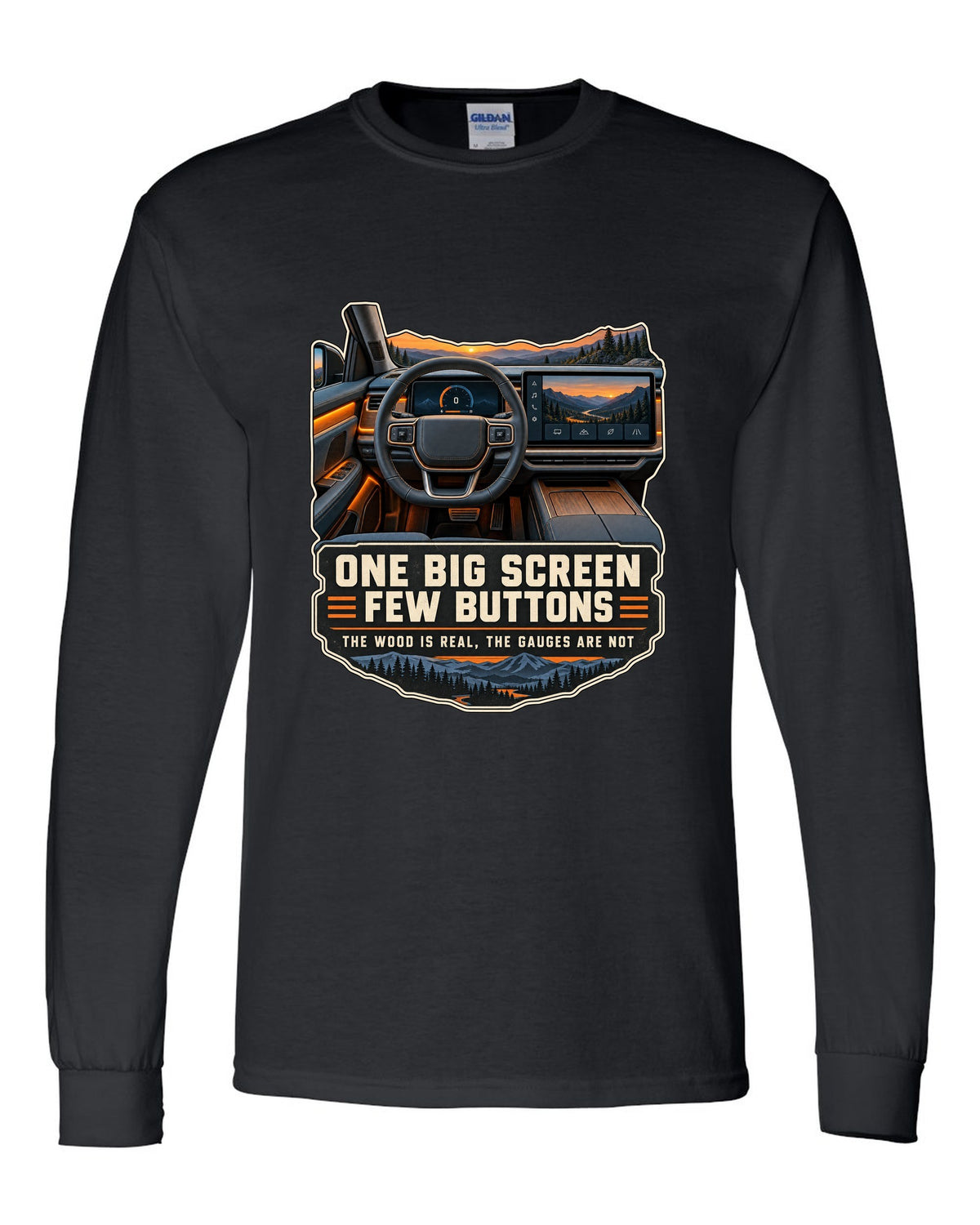 Cockpit and gauge print of a Rivian R1T interior with a large central screen black long sleeve front view with the design