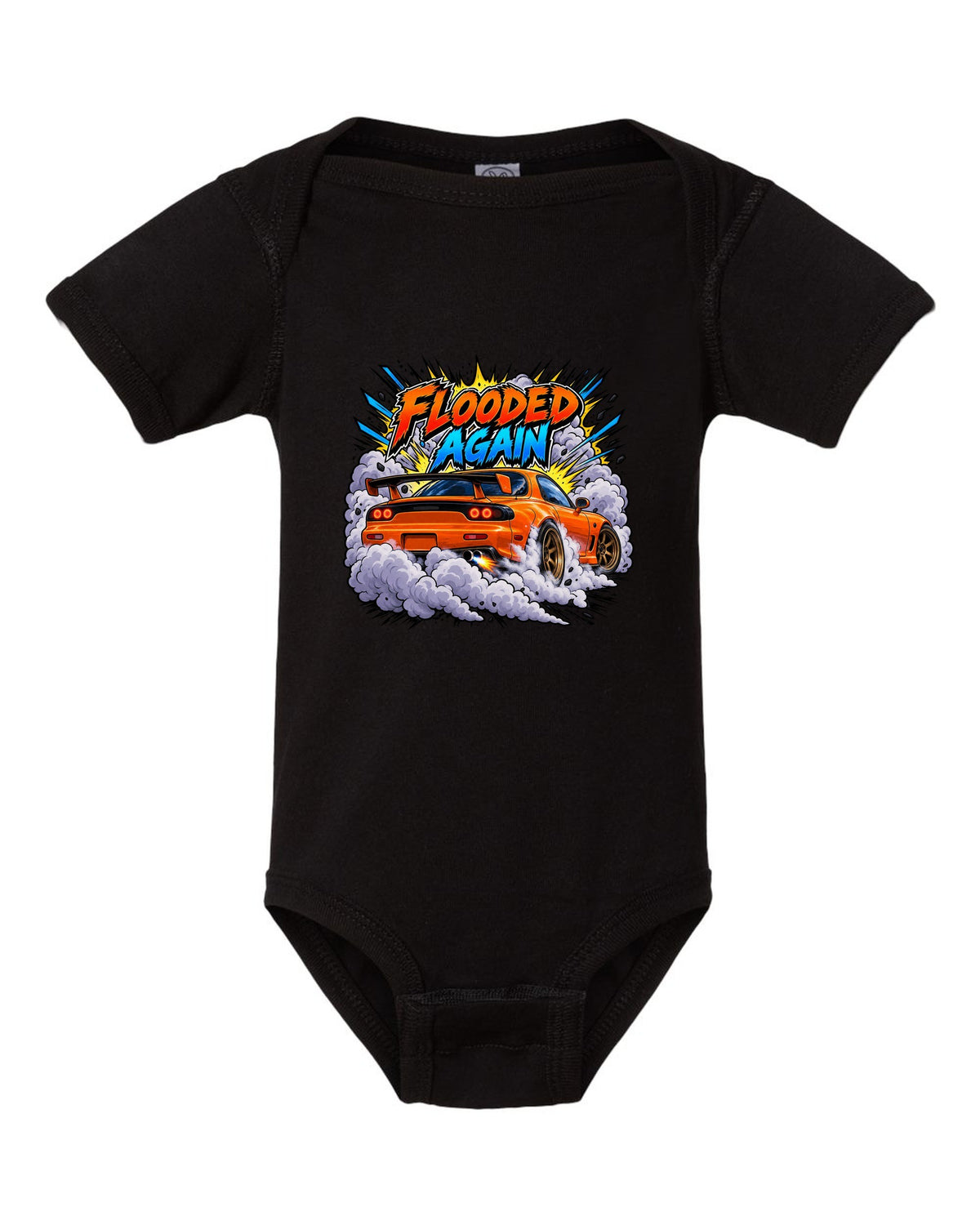 Comic-style Mazda RX-7 FD3S burnout with speed lines and smoke black baby onesie front view with the design
