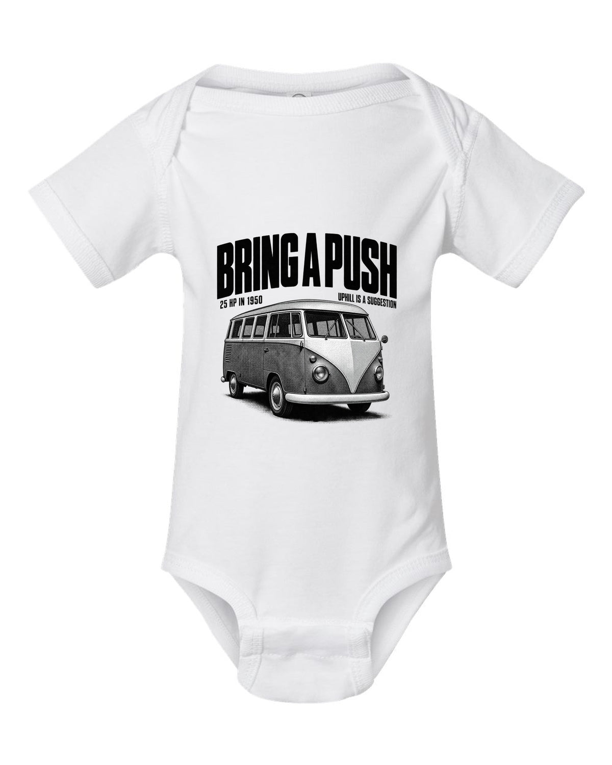 Halftone print of a VW T1 split-window microbus with bring a push text white baby onesie front view with the design