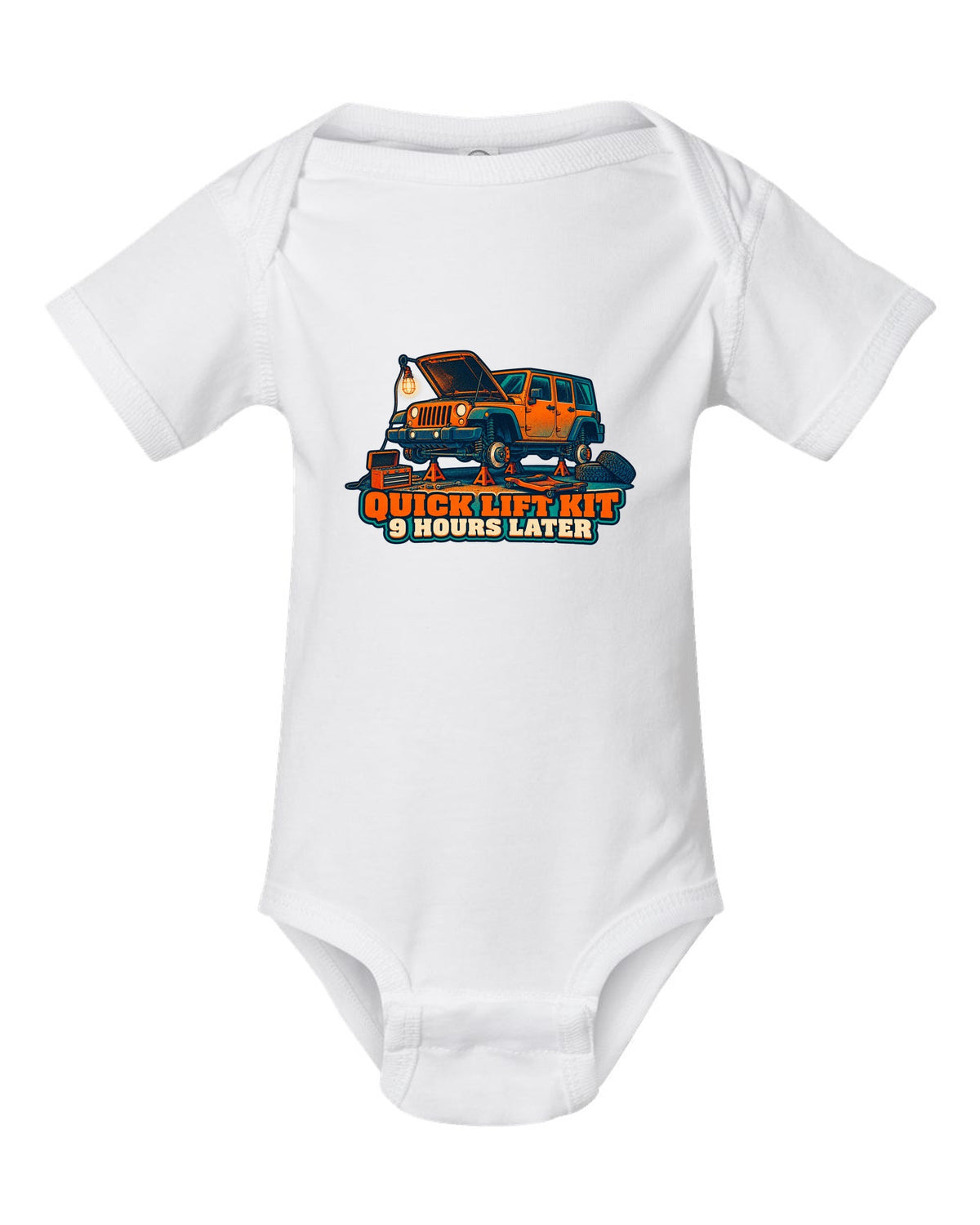 Risograph-style print of a Jeep Wrangler JKU four-door with lift kit joke text white baby onesie front view with the design